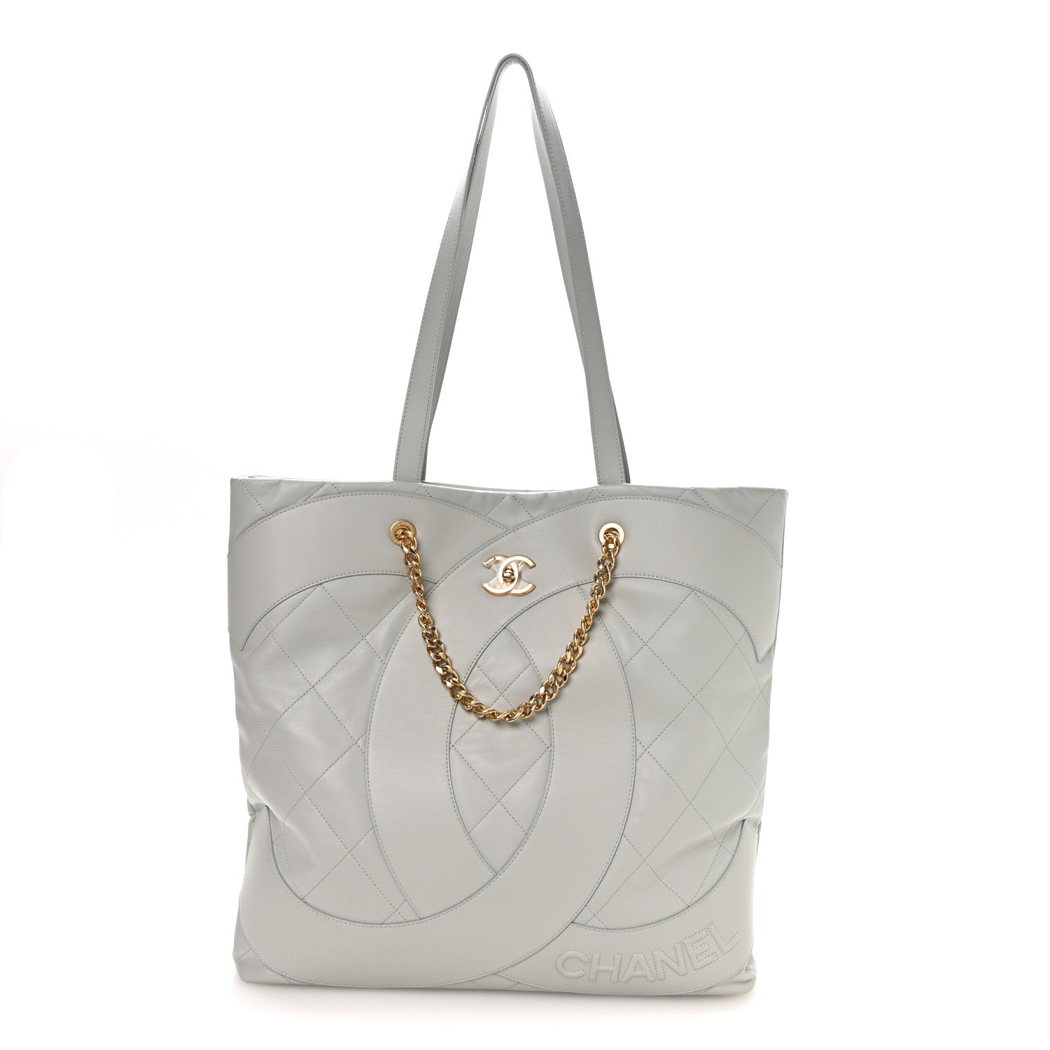 Calfskin Stitched CC Shopper Tote Light Grey