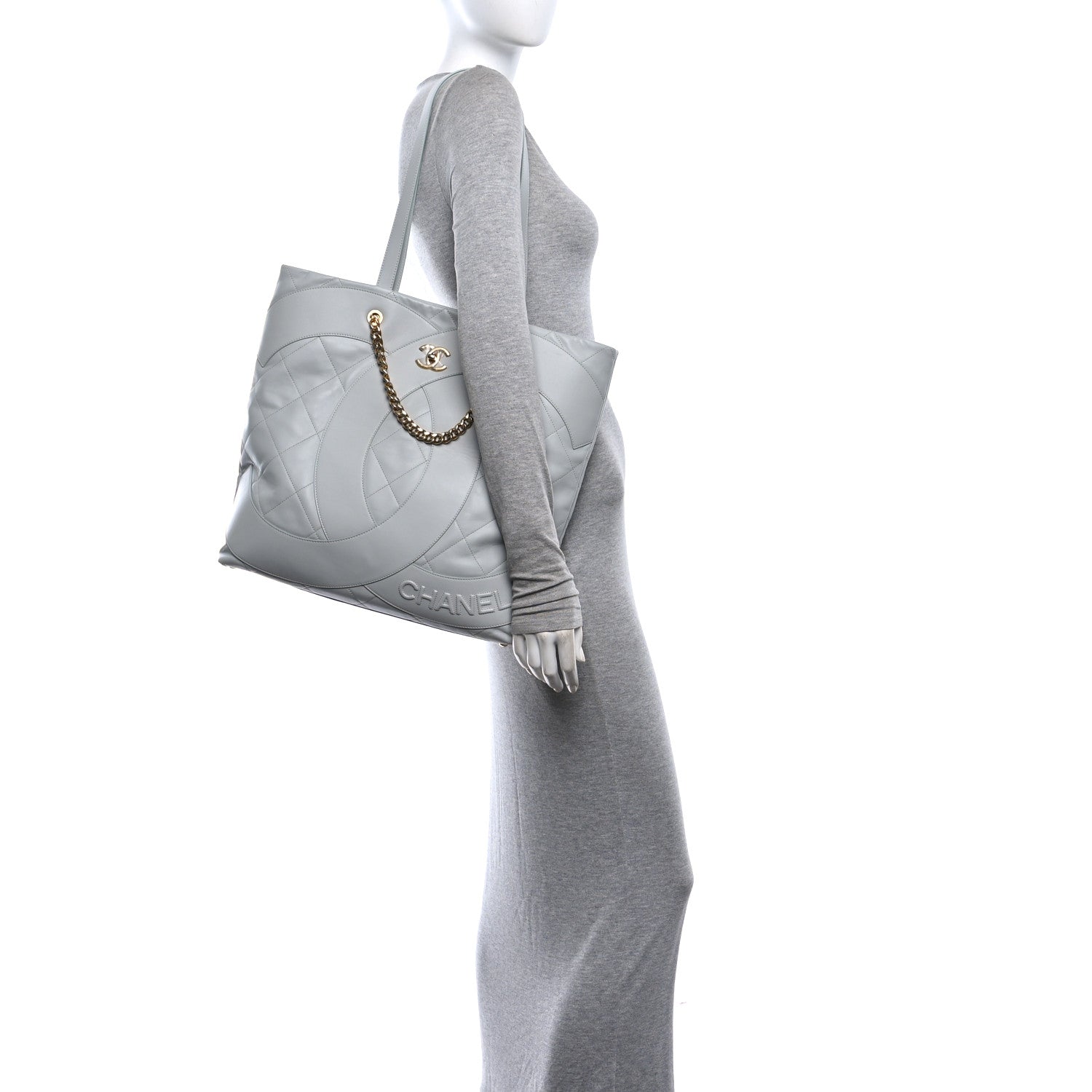 Calfskin Stitched CC Shopper Tote Light Grey — view 2