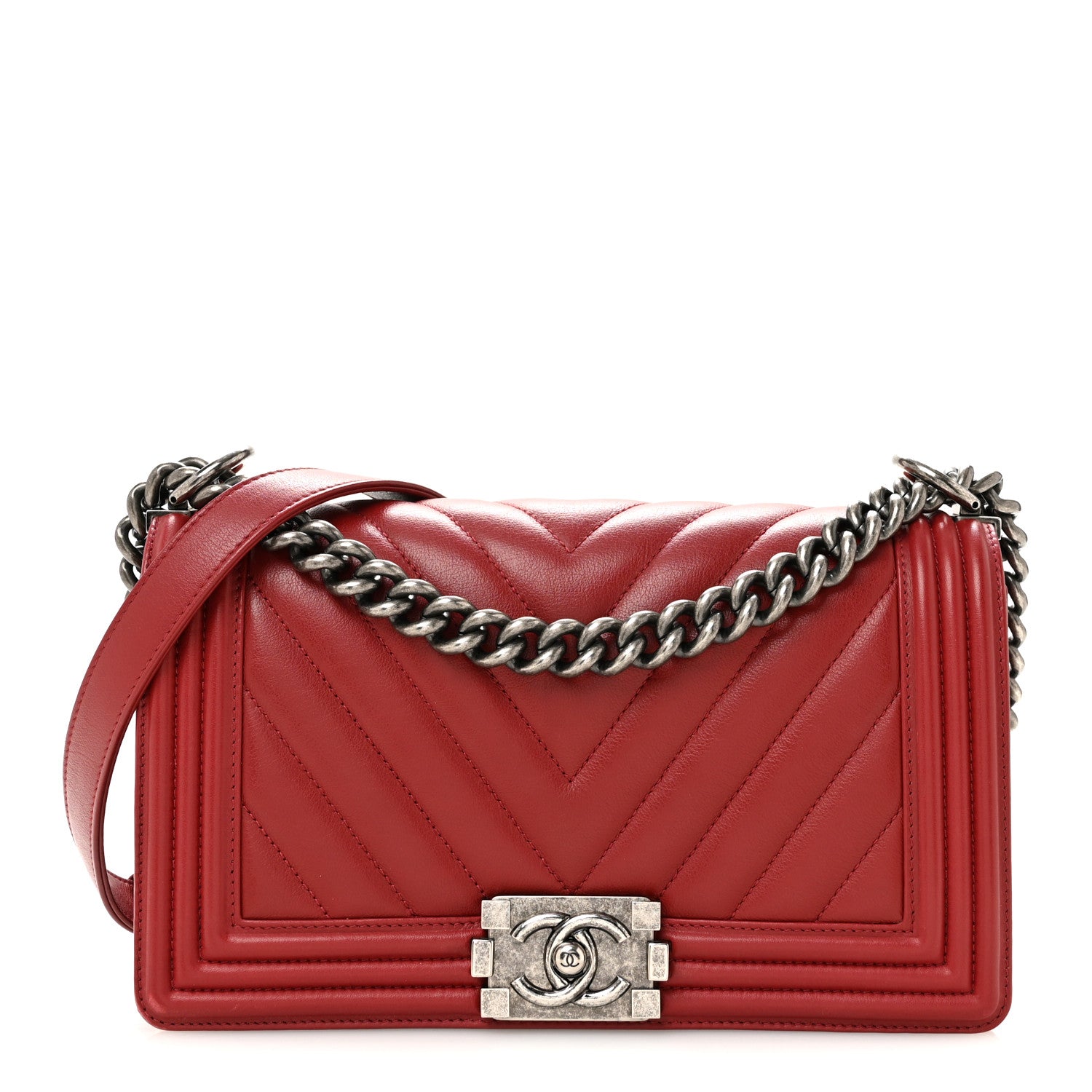 Calfskin Chevron Quilted Medium Boy Flap Dark Red