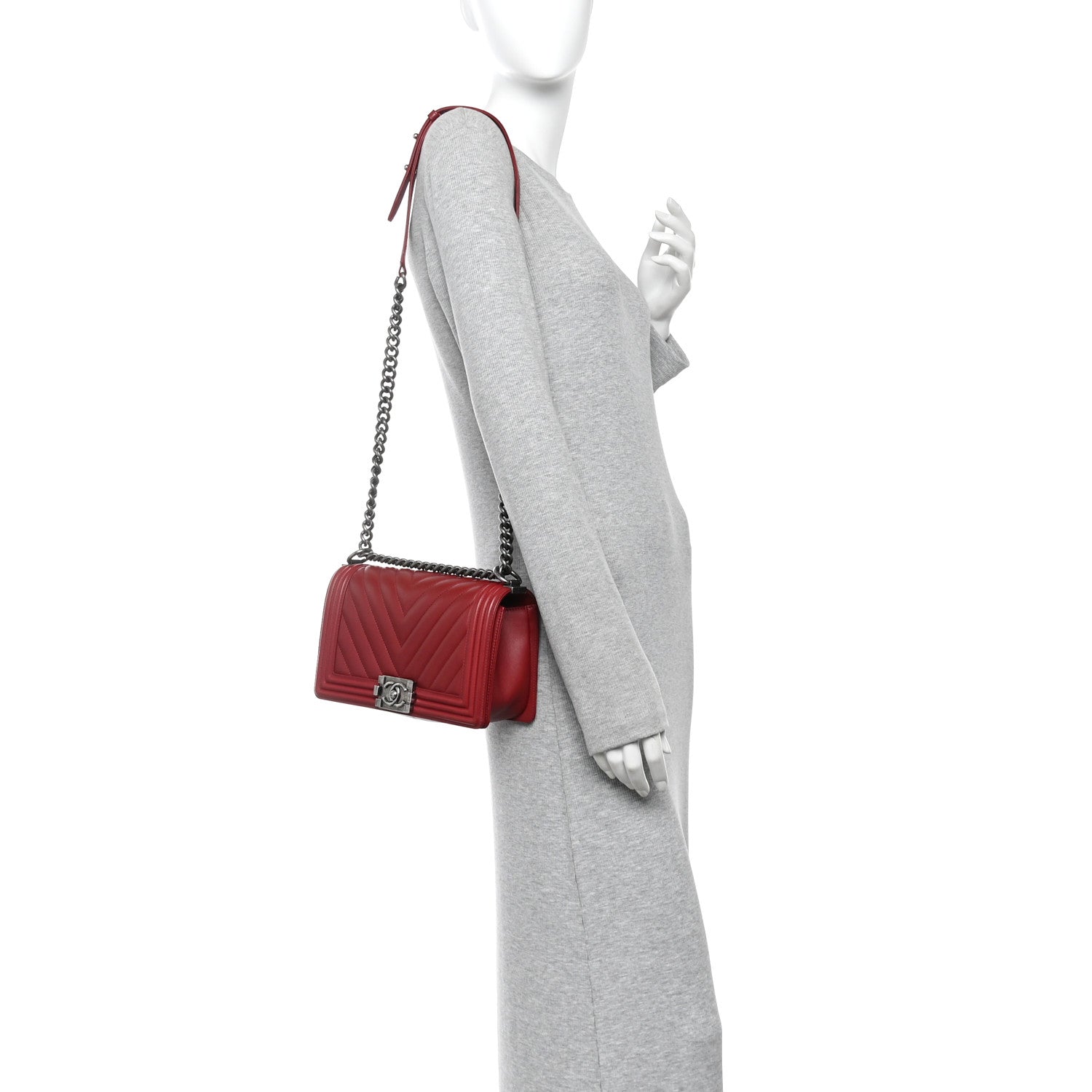 Calfskin Chevron Quilted Medium Boy Flap Dark Red — view 2