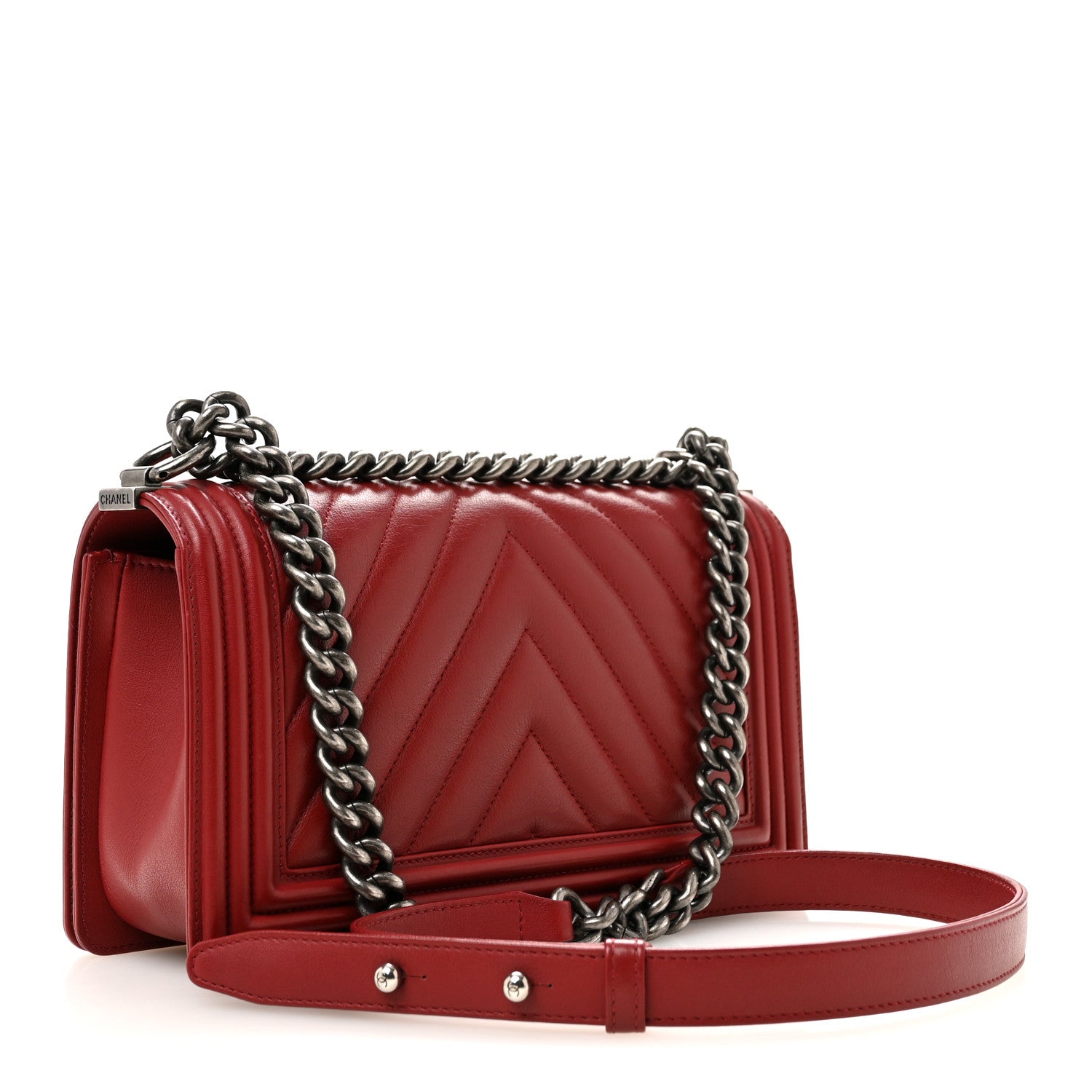 Calfskin Chevron Quilted Medium Boy Flap Dark Red — view 3