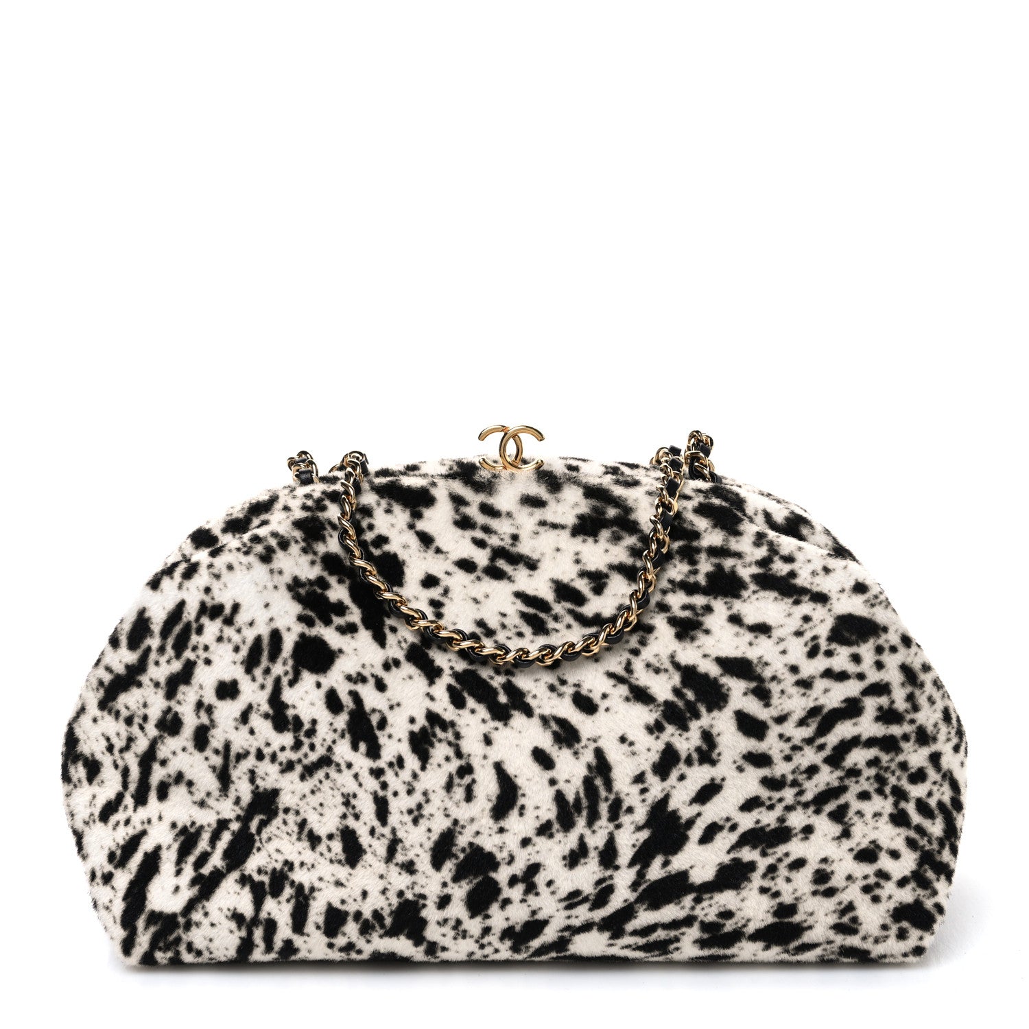 Lambskin Pony Hair Printed Clutch With Chain Black White