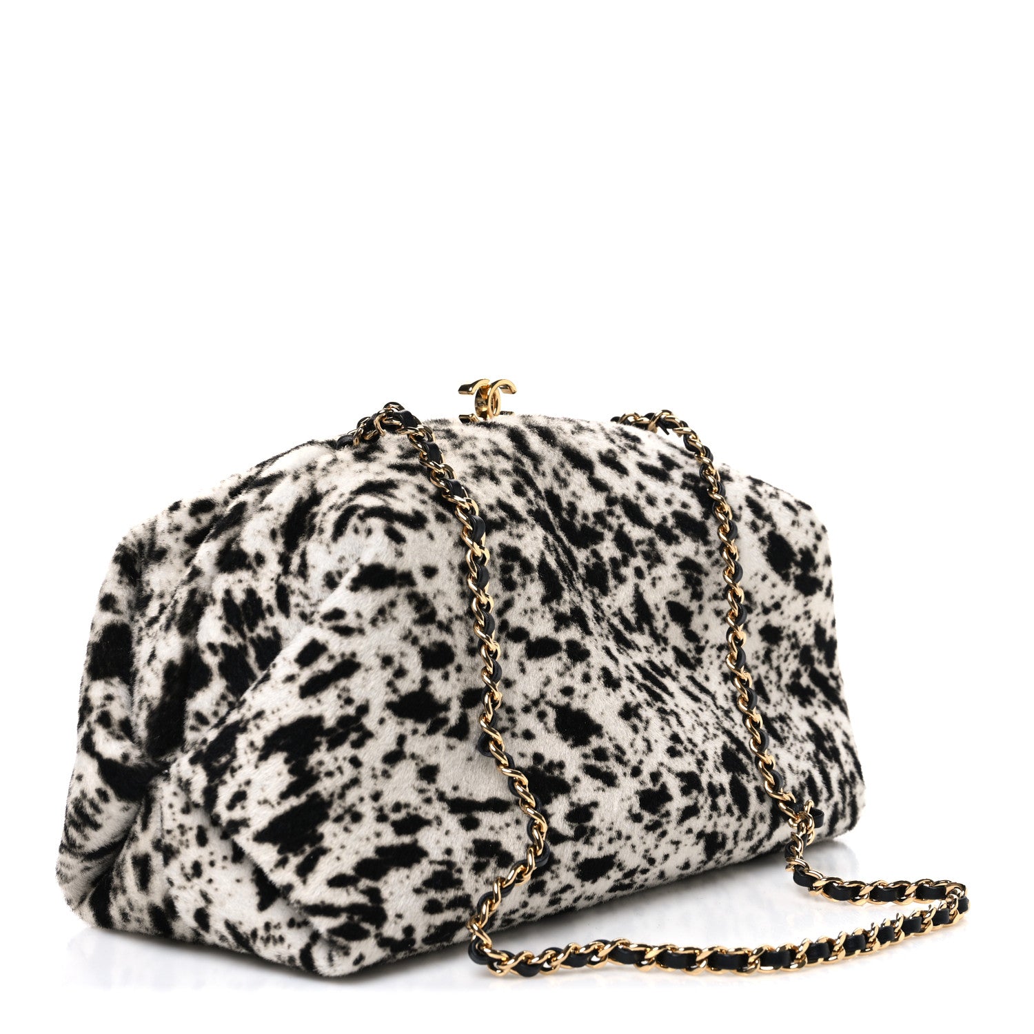 Lambskin Pony Hair Printed Clutch With Chain Black White — view 3