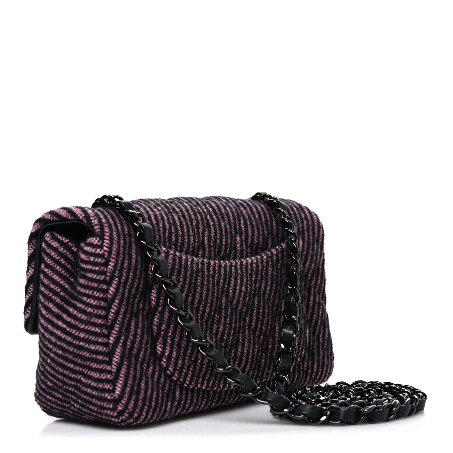 Wool Tweed Quilted Mini Rectangular Flap Pink Black — view 2