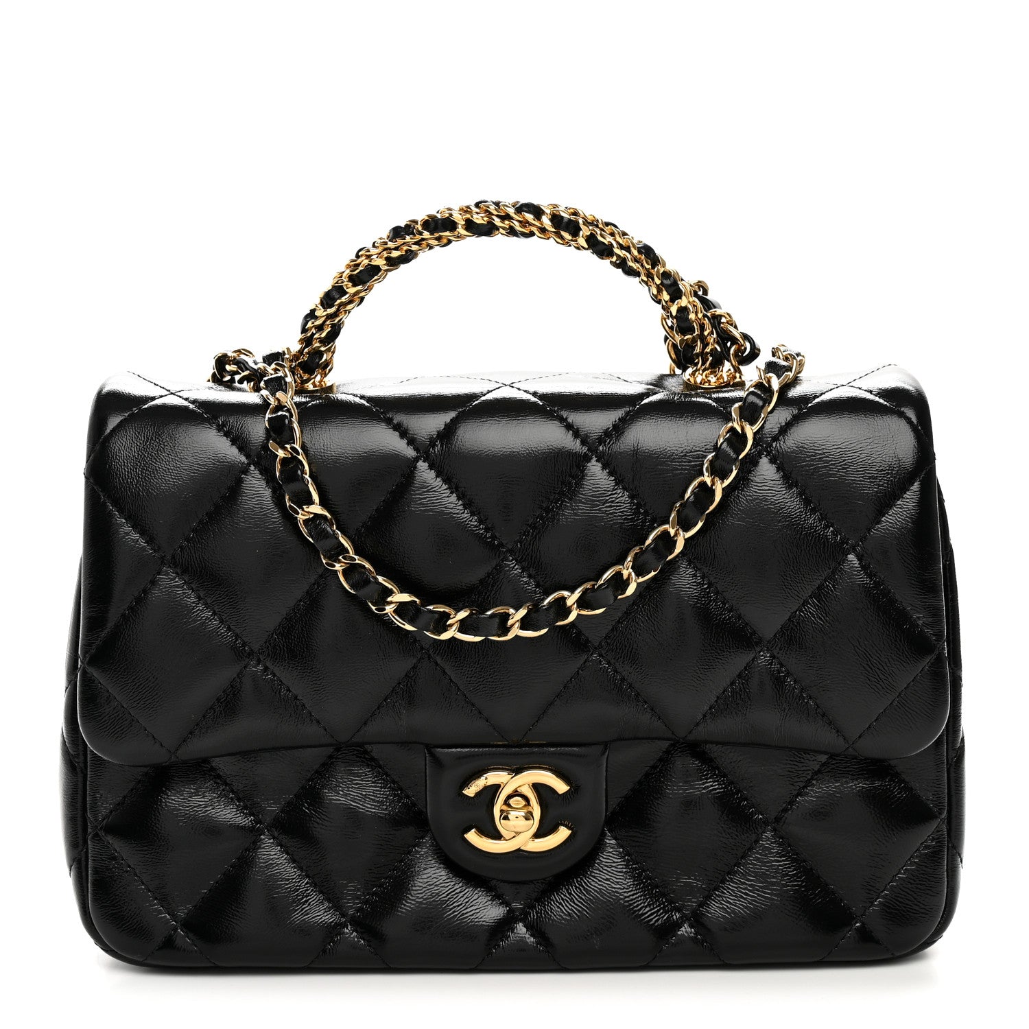 Shiny Lambskin Quilted Twisted Links Top Handle Flap Black
