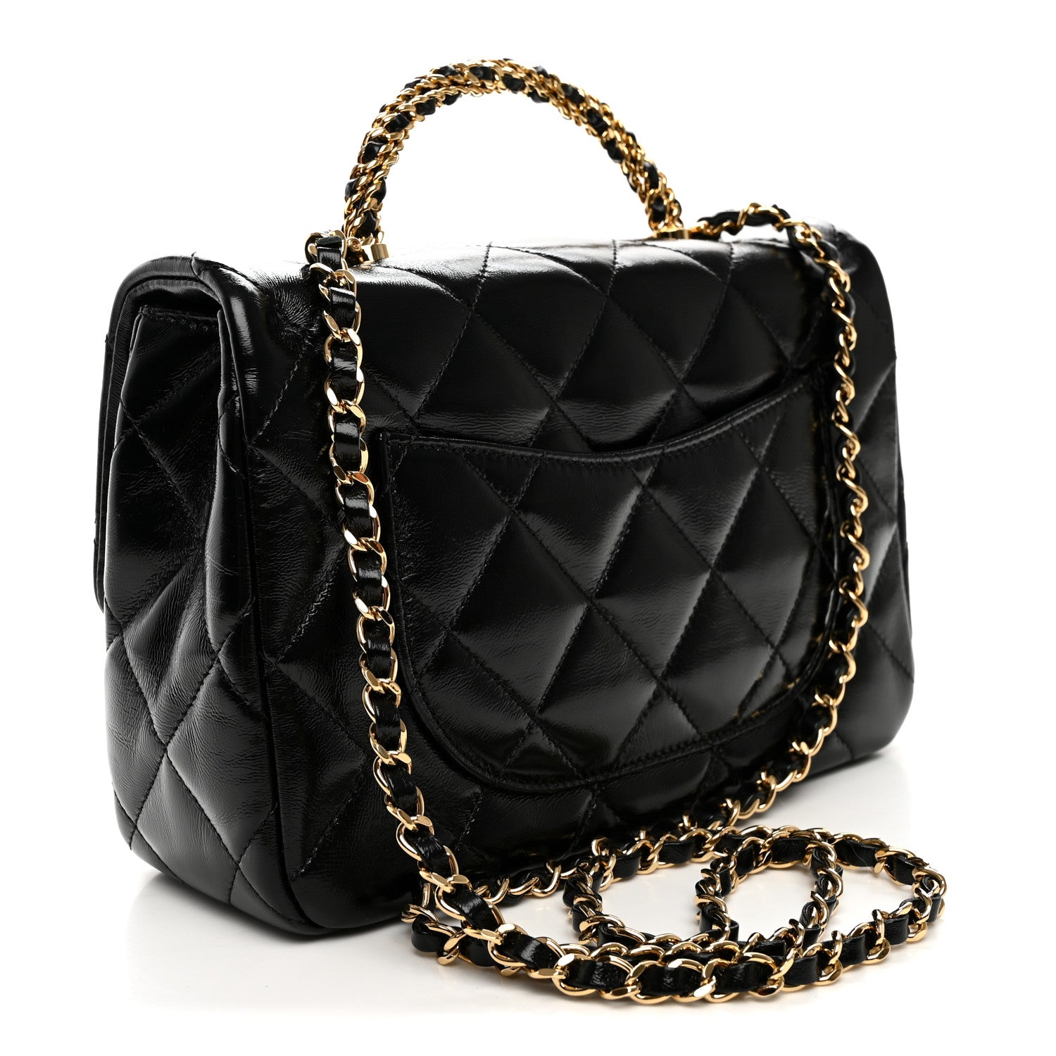 Shiny Lambskin Quilted Twisted Links Top Handle Flap Black — view 3