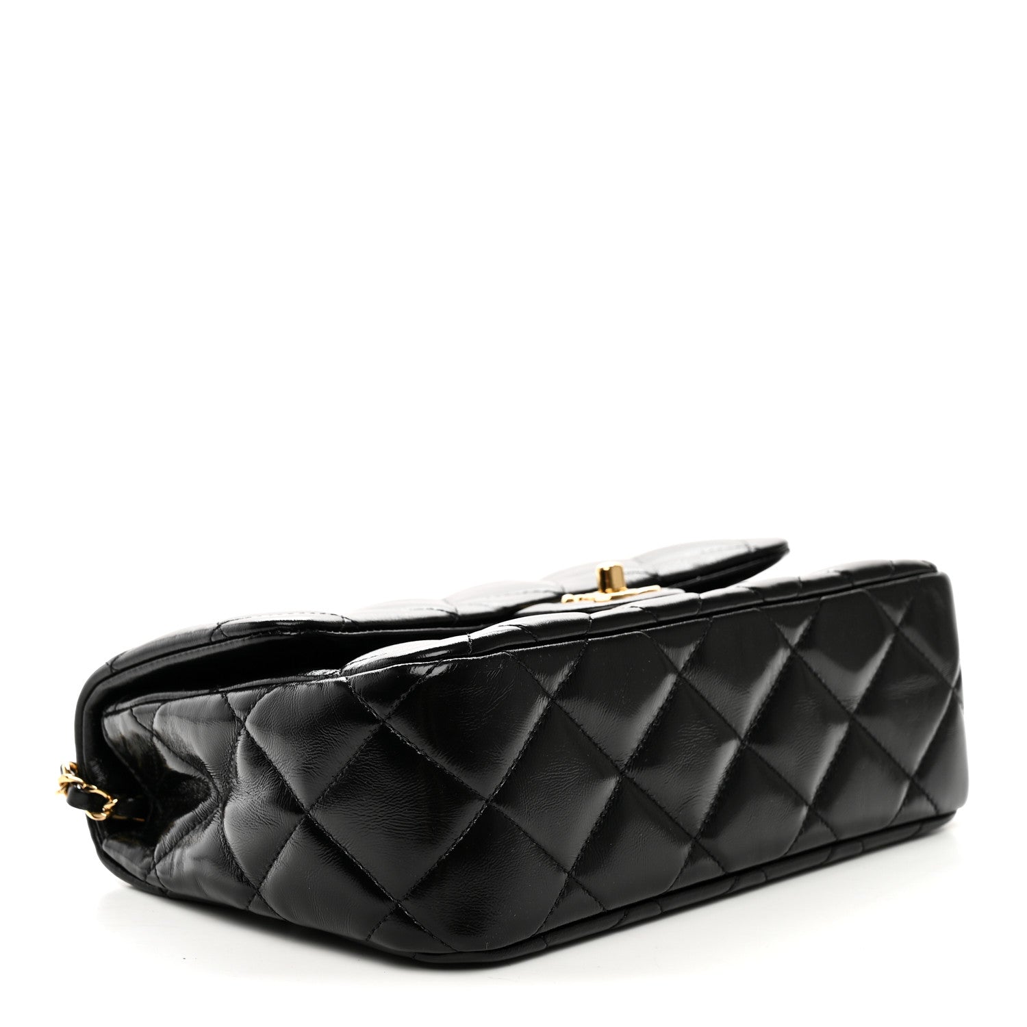 Shiny Lambskin Quilted Twisted Links Top Handle Flap Black — view 4