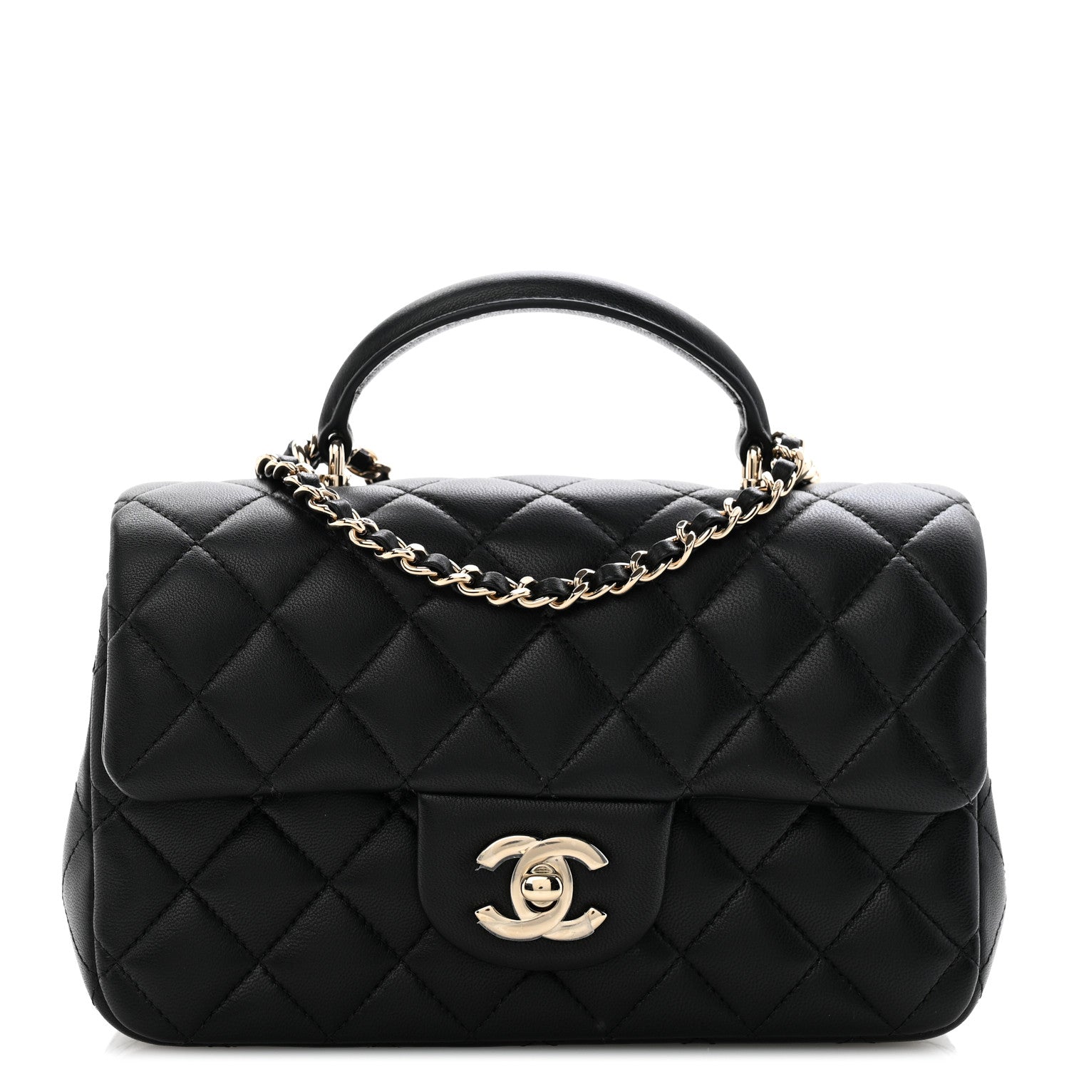 Lambskin Quilted Mini Top Handle Rectangular Flap Black