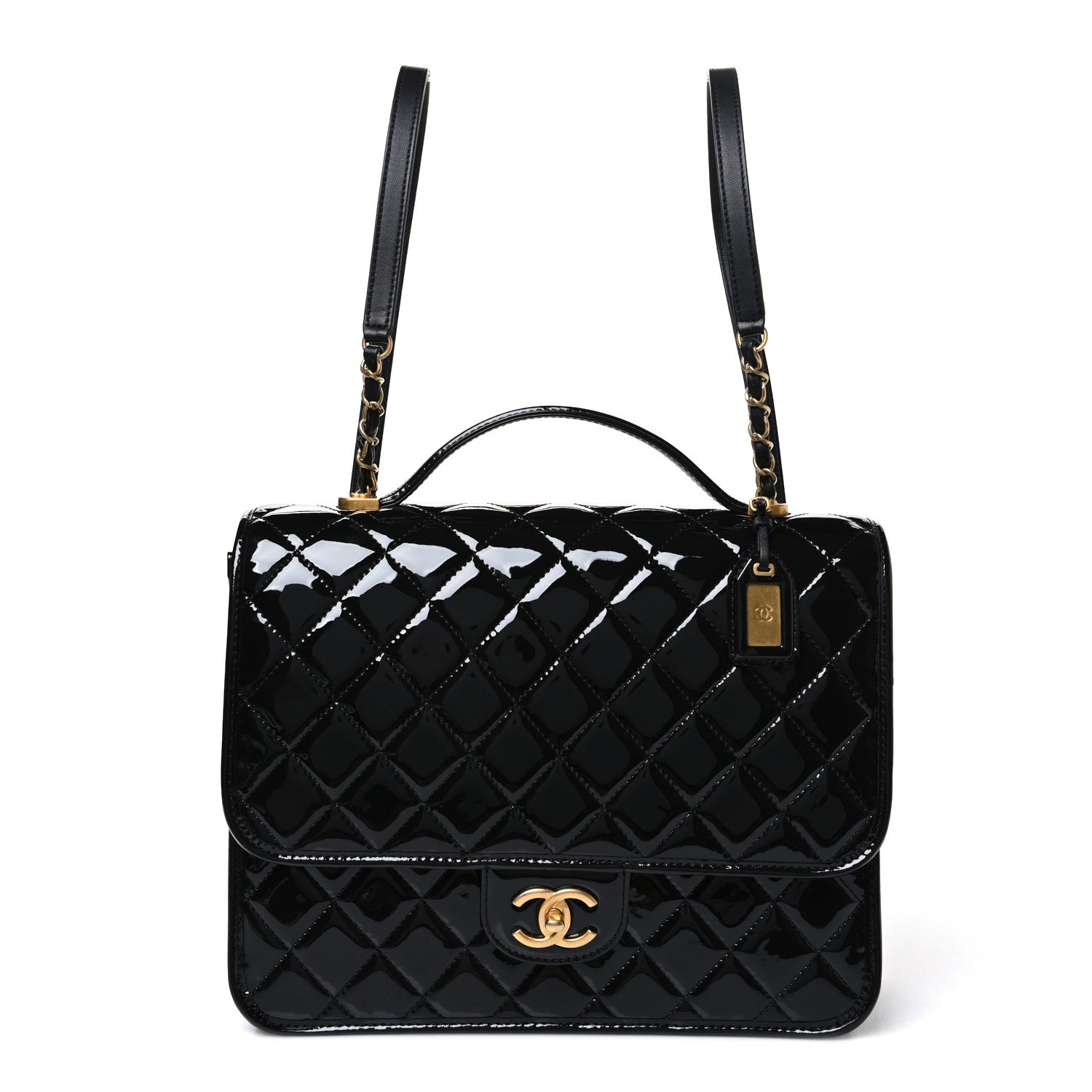 Patent Quilted Large School Memory Top Handle Flap Black Black
