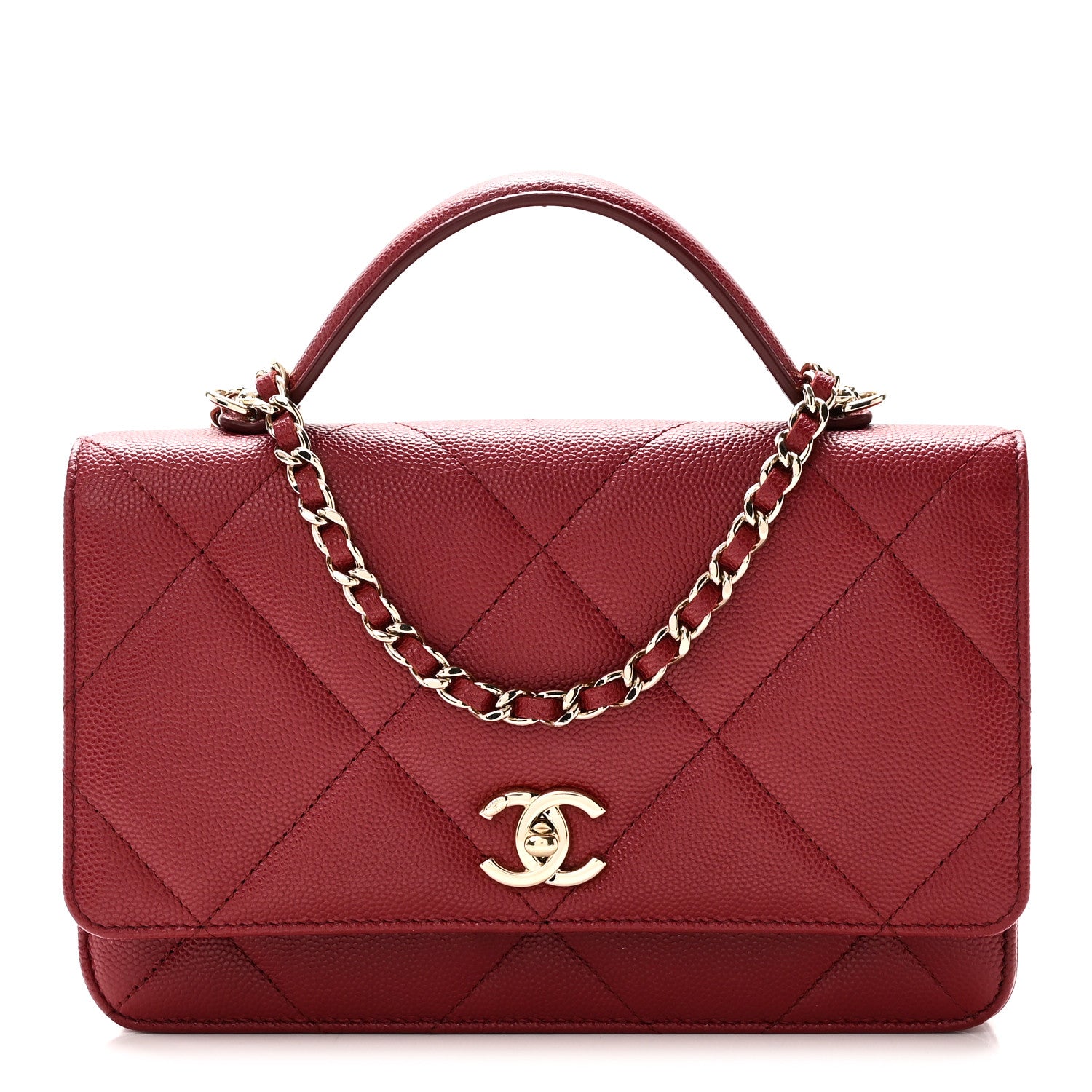 Shiny Caviar Quilted Turnlock Top Handle Wallet On Chain WOC Red — view 1