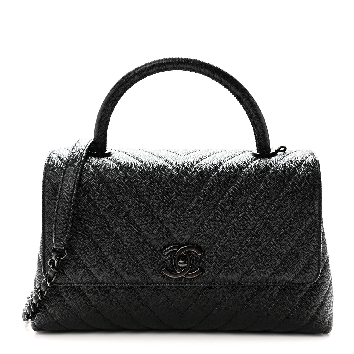 Caviar Chevron Quilted Small Coco Handle Flap So Black