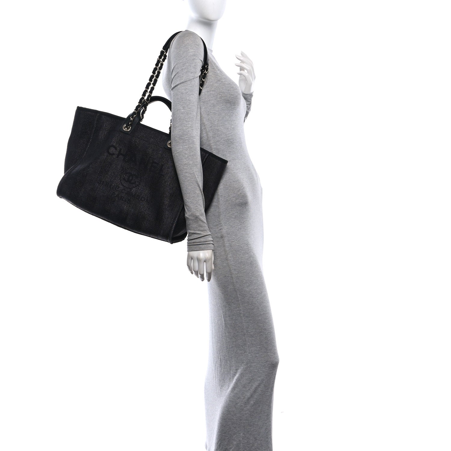 Mixed Fibers Calfskin Striped Medium Deauville Tote Black — view 2