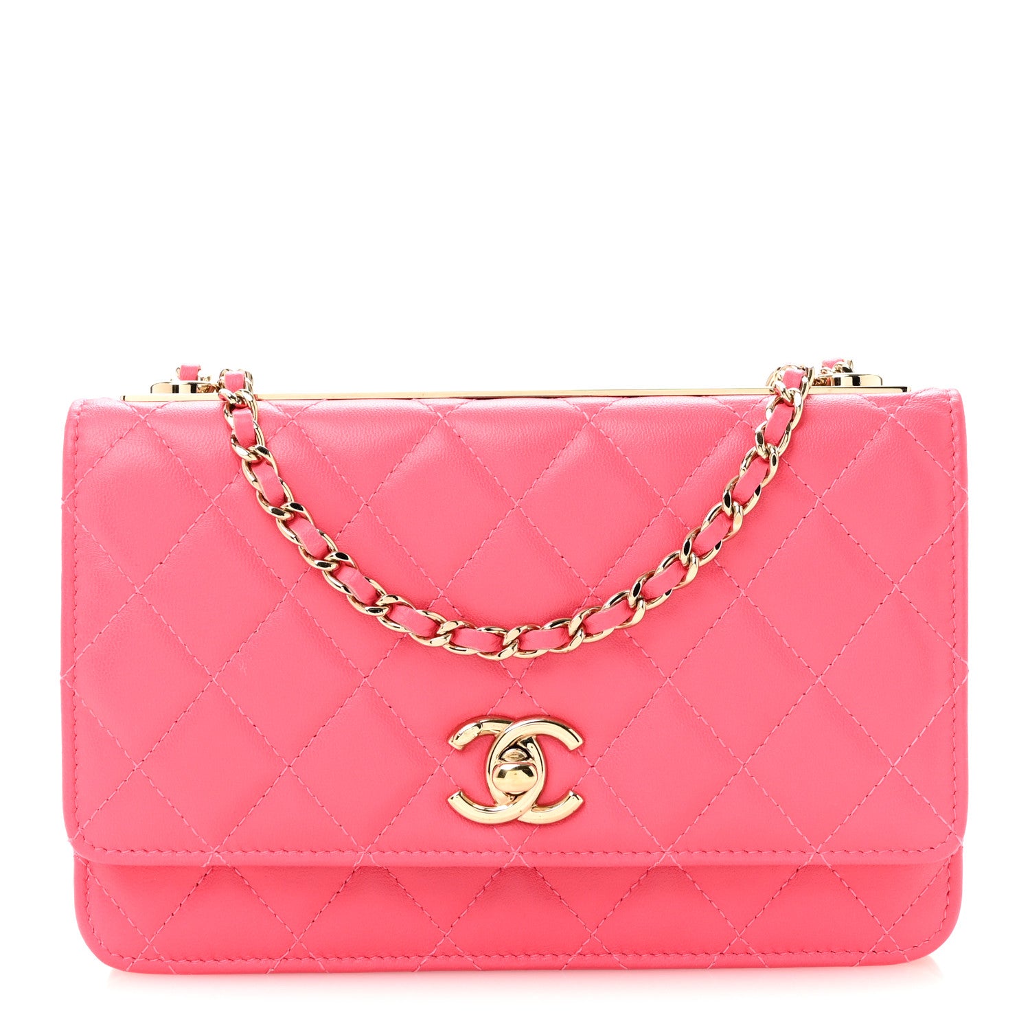 Lambskin Quilted Trendy CC Wallet On Chain WOC Pink