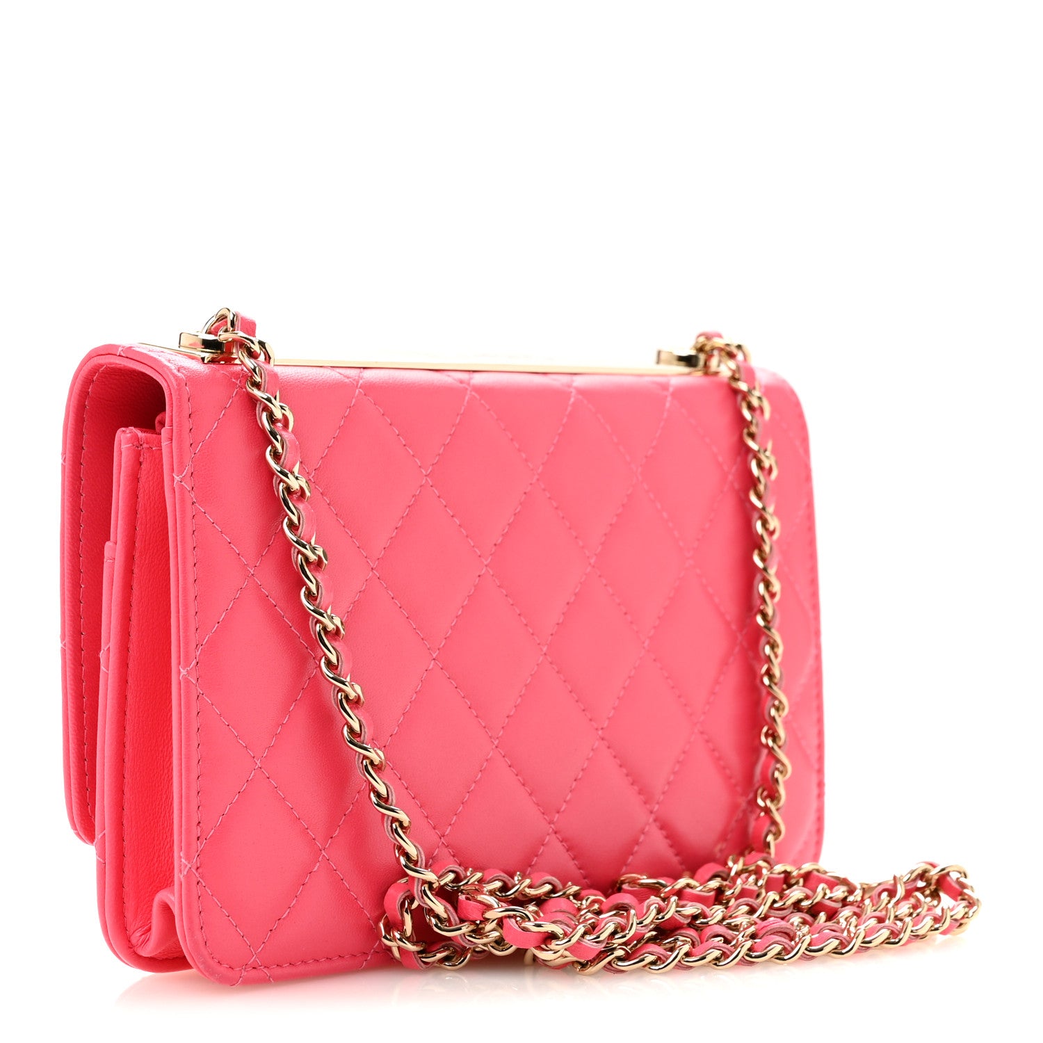 Lambskin Quilted Trendy CC Wallet On Chain WOC Pink — view 3
