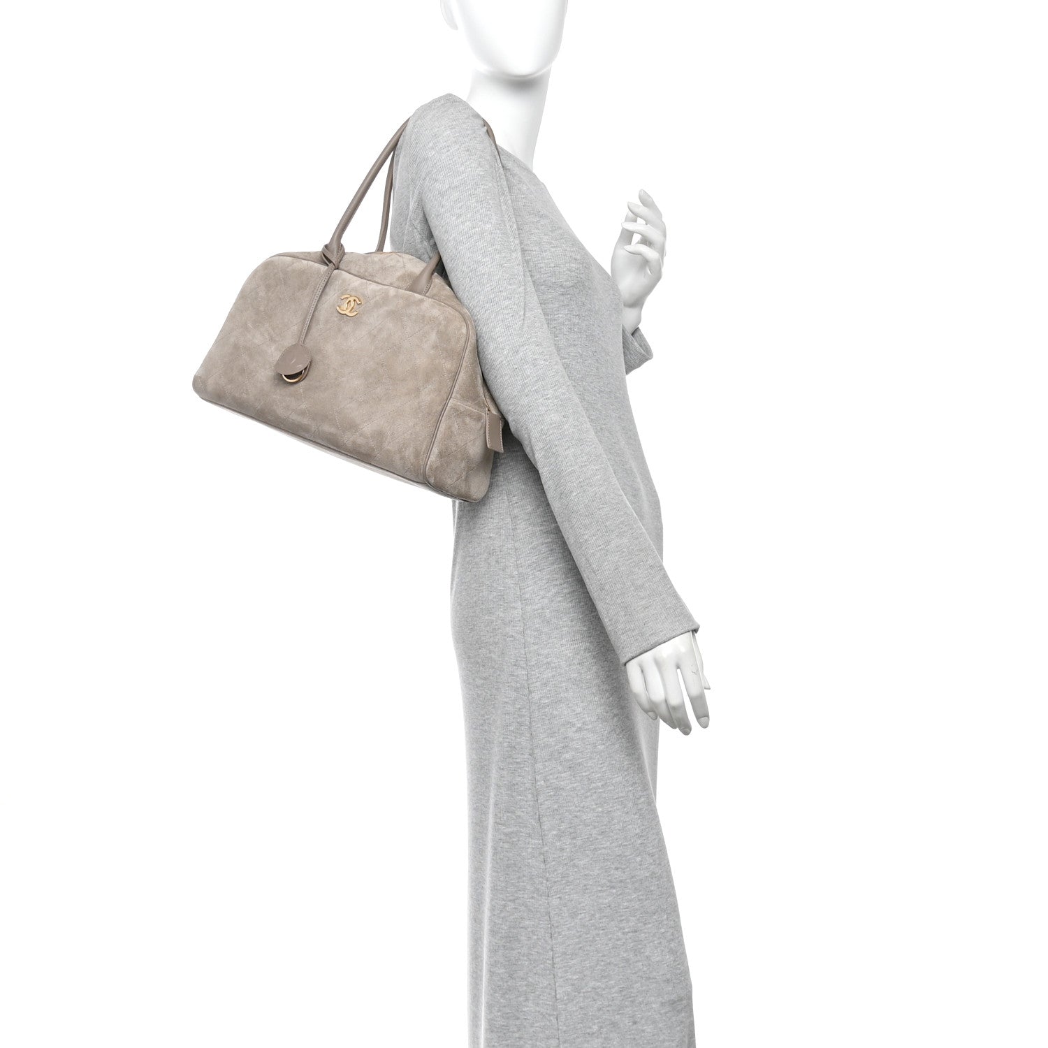 Suede Calfskin Large Perfect Bowling Bag Grey — view 2