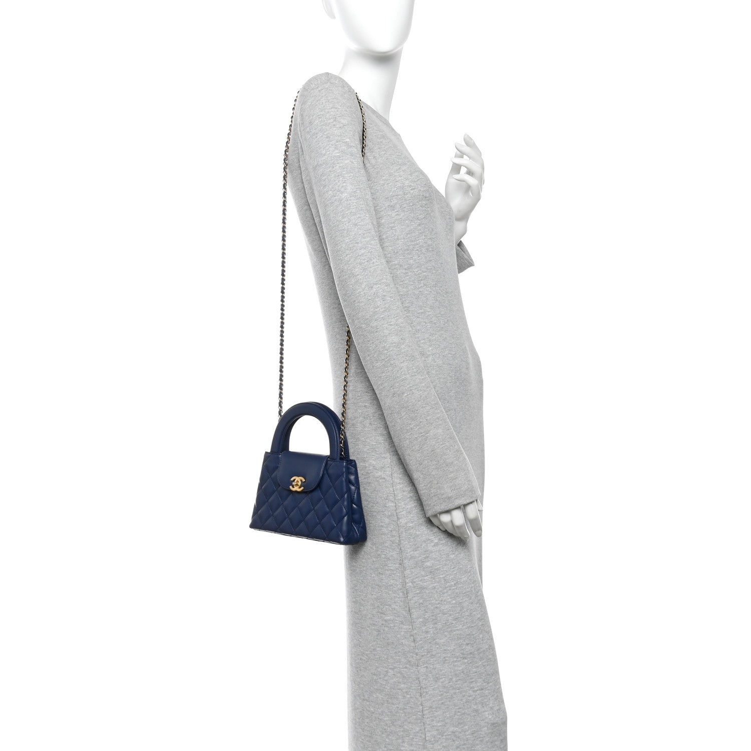 Shiny Aged Calfskin Quilted Nano Kelly Shopper Dark Blue — view 2
