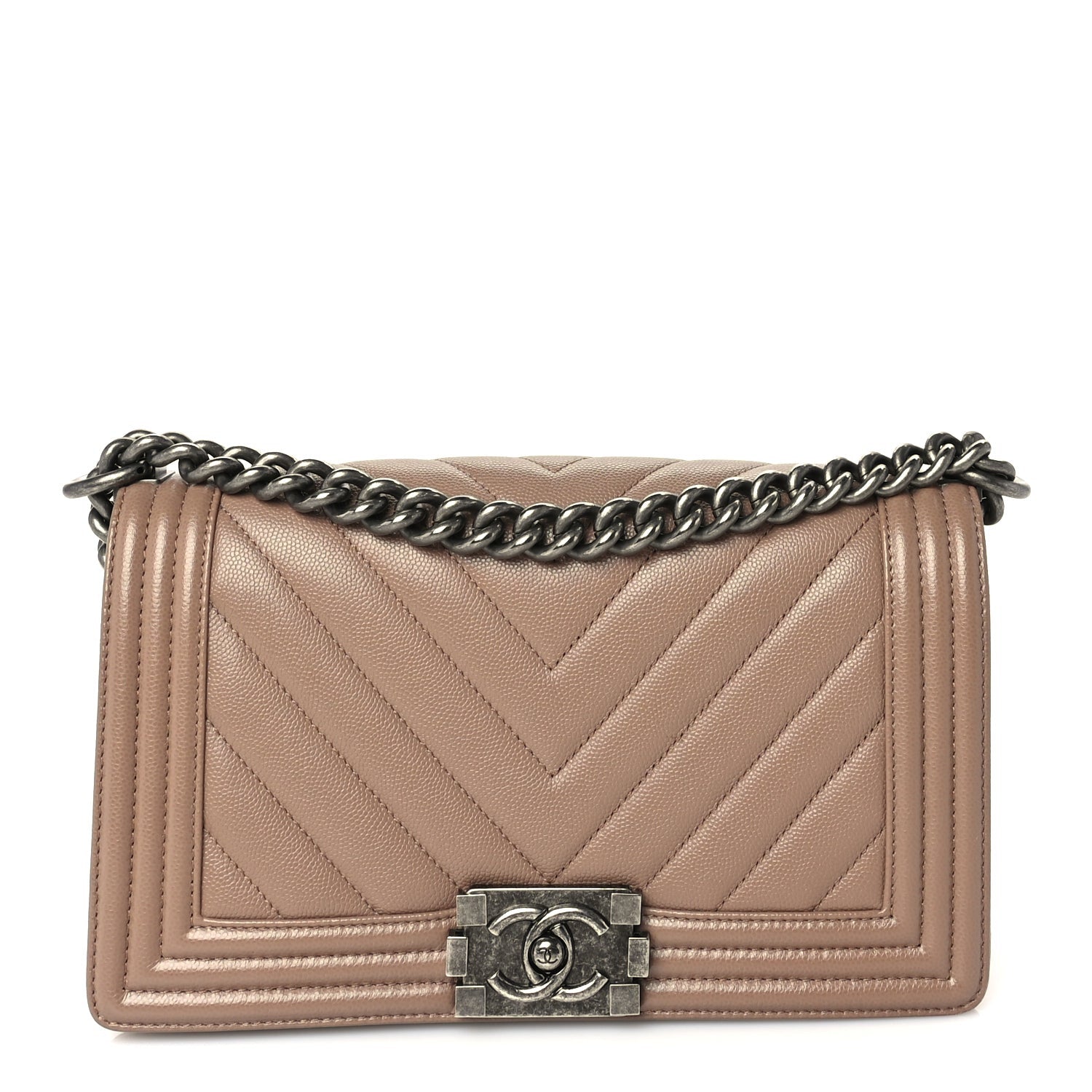 Caviar Chevron Quilted Medium Boy Flap Light Brown