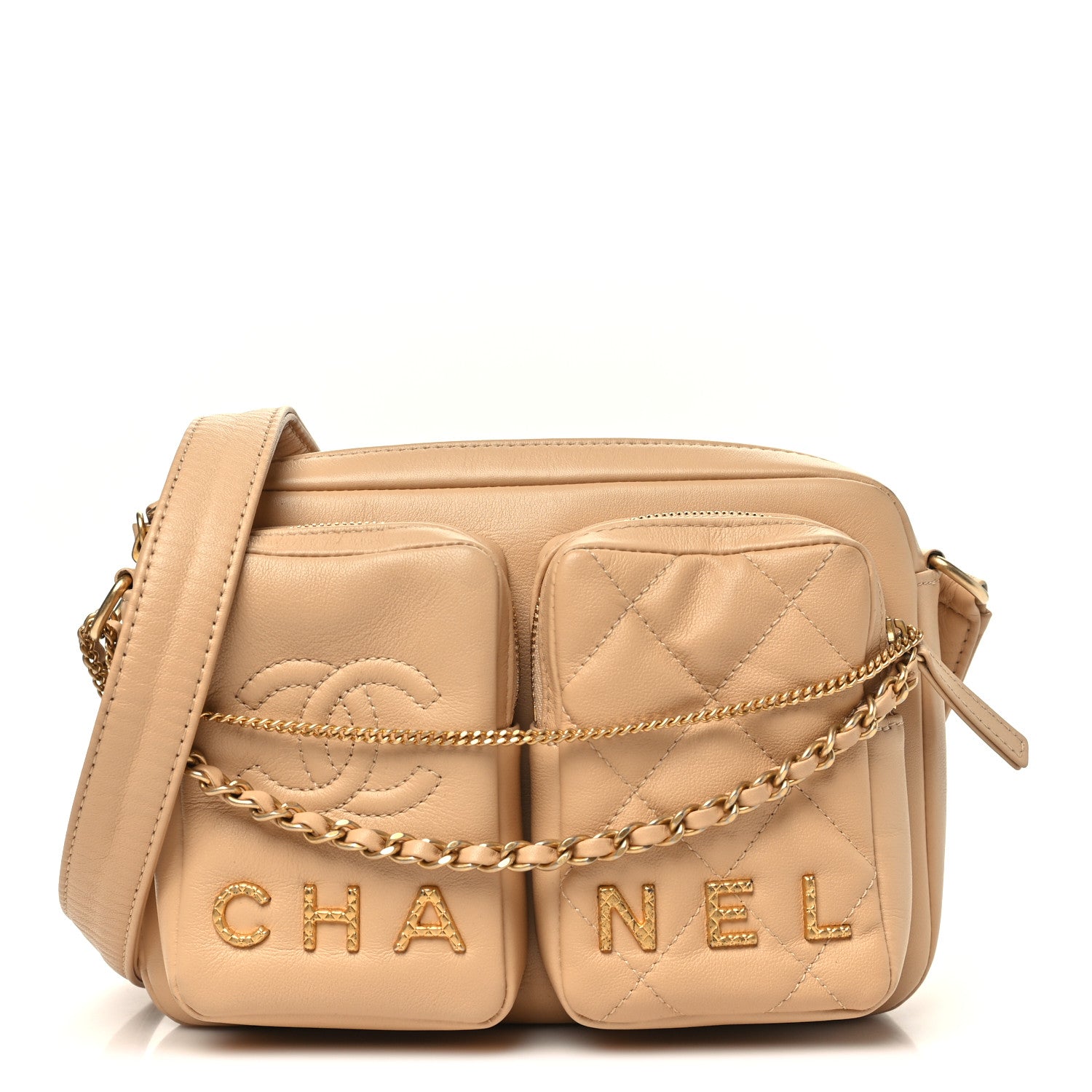 Calfskin Quilted Small Camera Case Beige Beige
