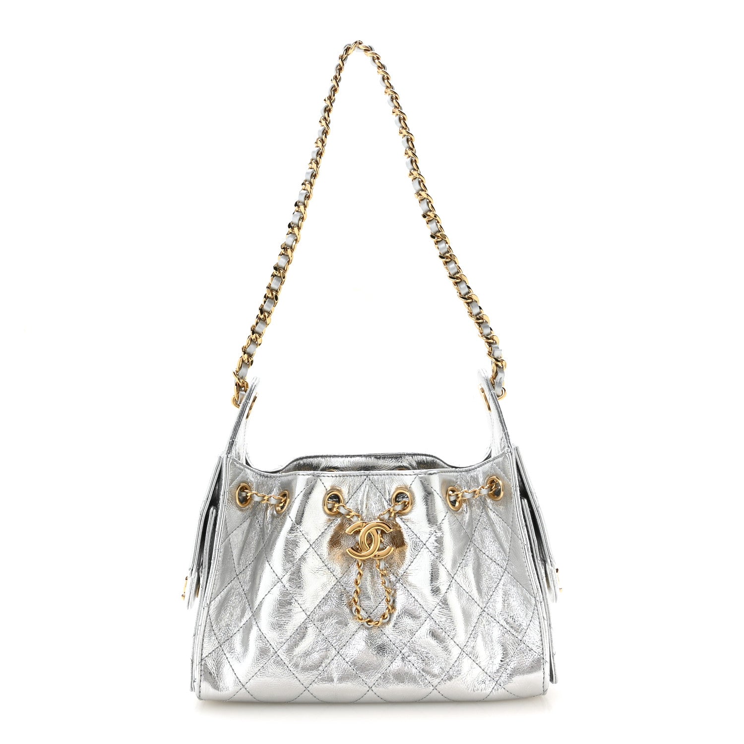 Metallic Aged Calfskin Quilted Mini Chanel 25 Handbag Silver