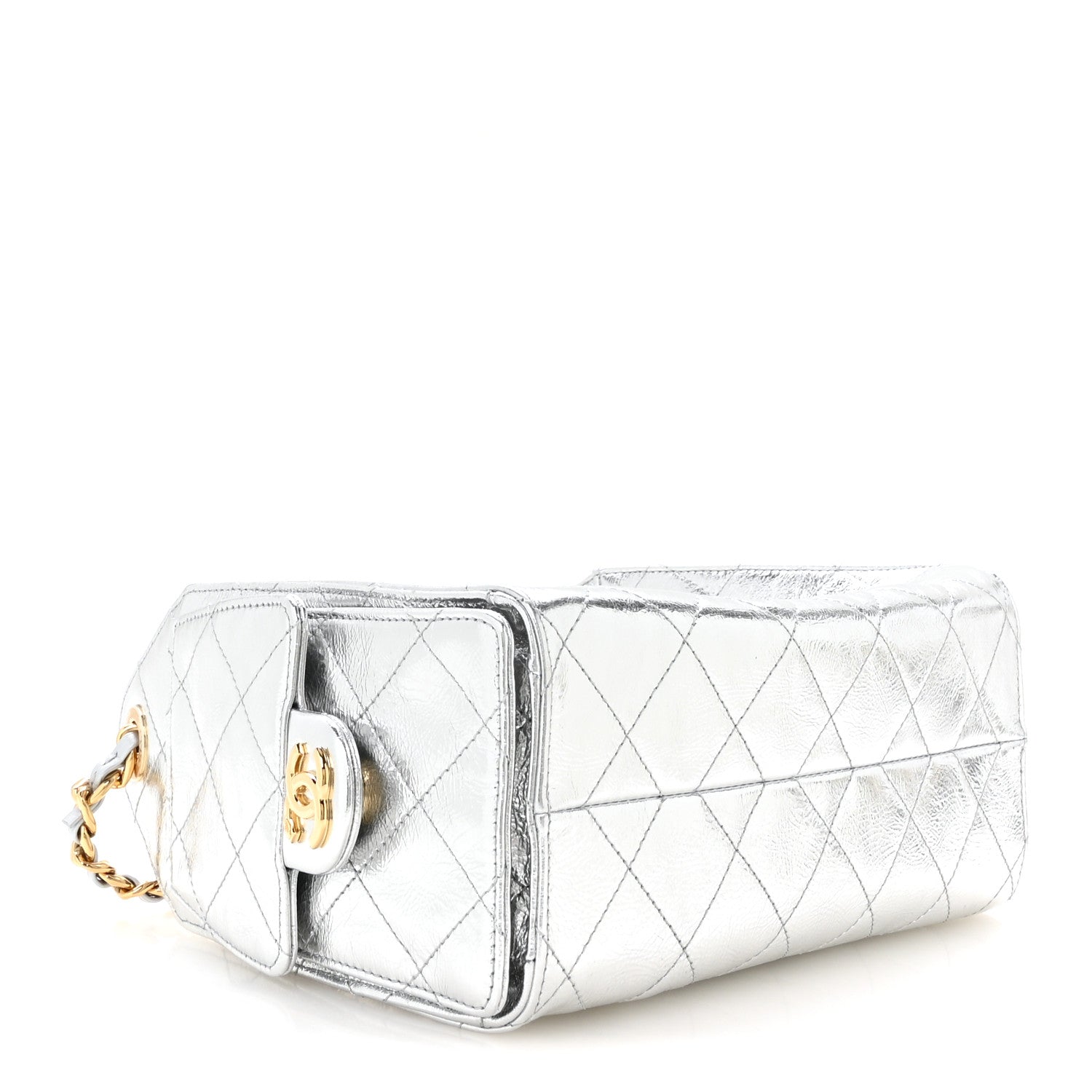 Metallic Aged Calfskin Quilted Mini Chanel 25 Handbag Silver — view 4