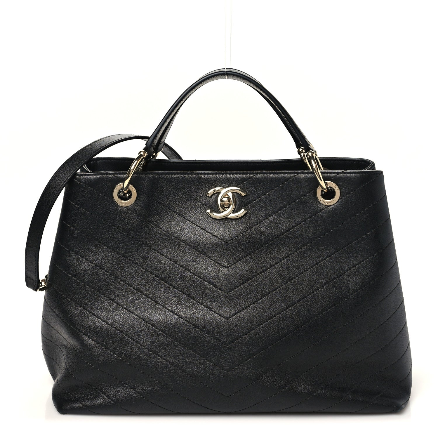 Calfskin Stitched Large Chevron Chic Shopping Bag Black