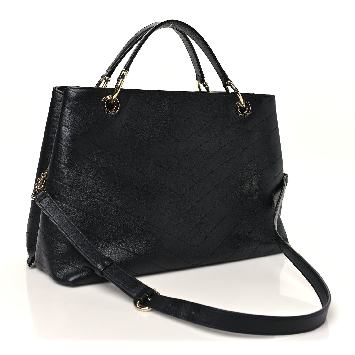 Calfskin Stitched Large Chevron Chic Shopping Bag Black — view 3