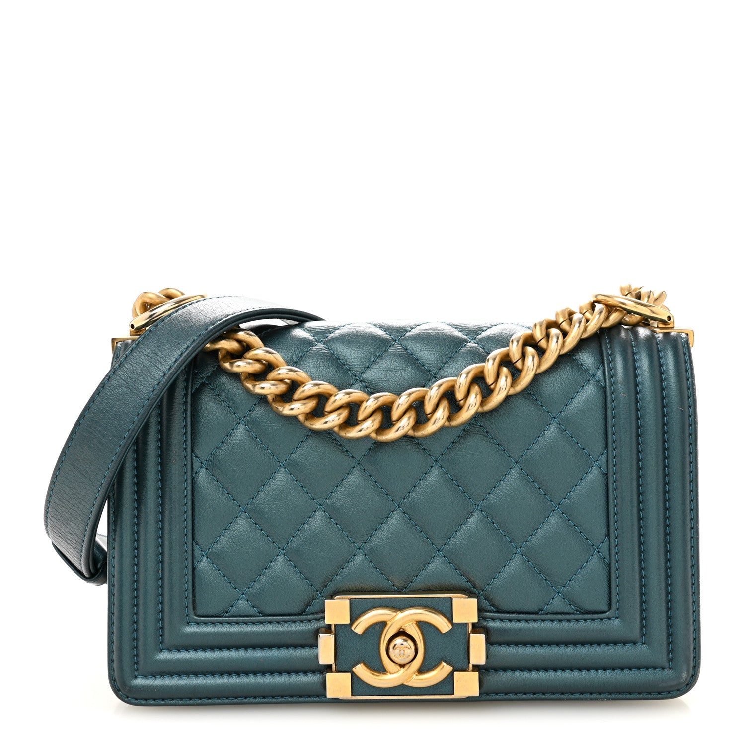 Metallic Calfskin Quilted Small Boy Flap Blue