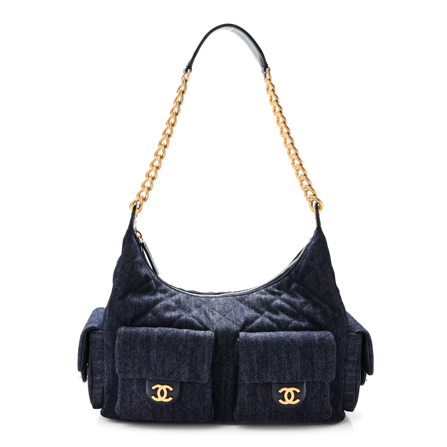 Washed Denim Quilted Large Trendy Pockets Hobo Dark Blue