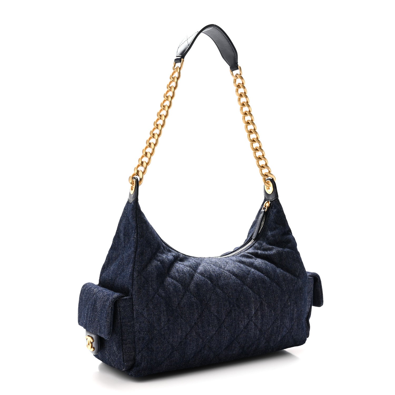 Washed Denim Quilted Large Trendy Pockets Hobo Dark Blue — view 3