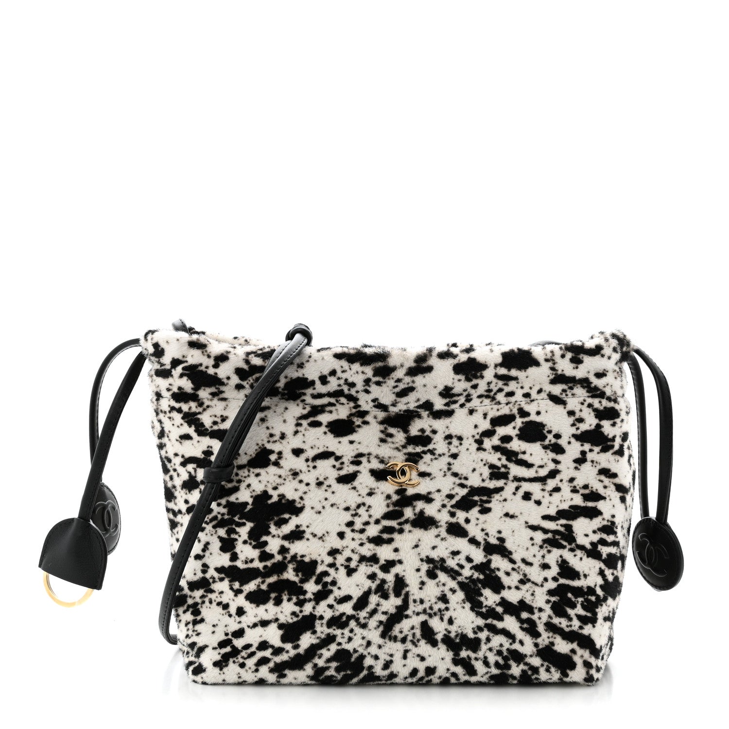 Pony Hair Printed Drawstring Clutch With Strap White Black