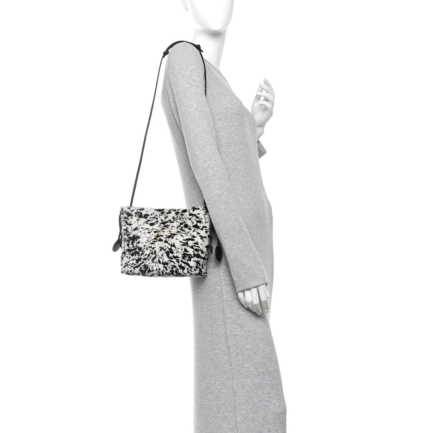Pony Hair Printed Drawstring Clutch With Strap White Black — view 2