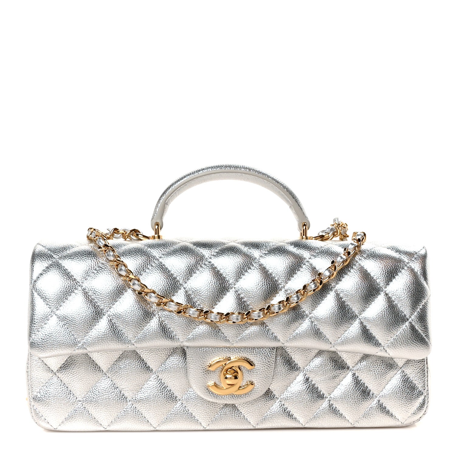 Metallic Caviar Quilted Top Handle East West Flap Silver
