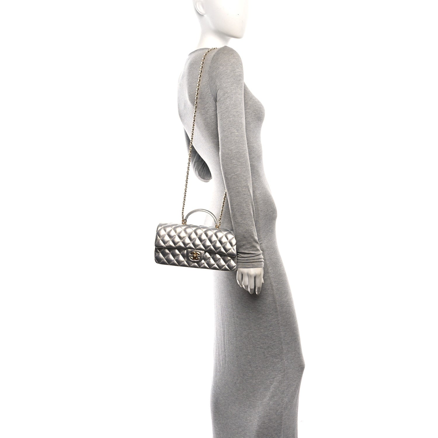 Metallic Caviar Quilted Top Handle East West Flap Silver — view 2