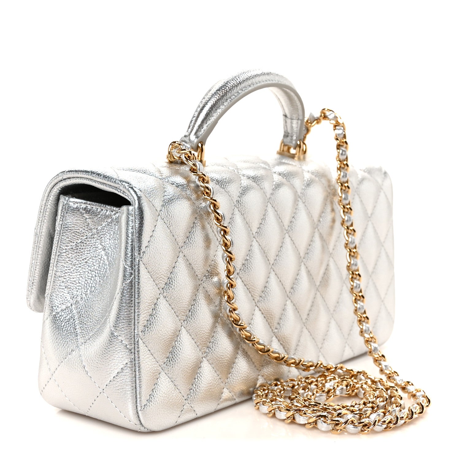 Metallic Caviar Quilted Top Handle East West Flap Silver — view 3