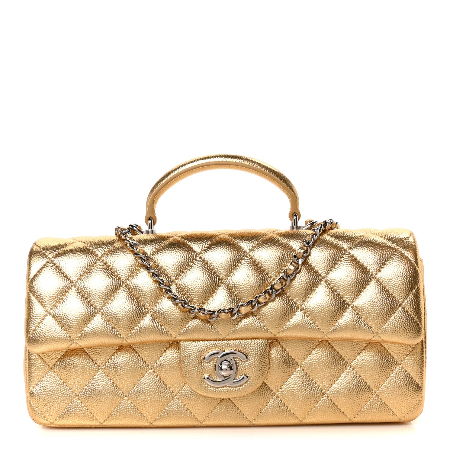 Metallic Caviar Quilted Top Handle East West Flap Gold