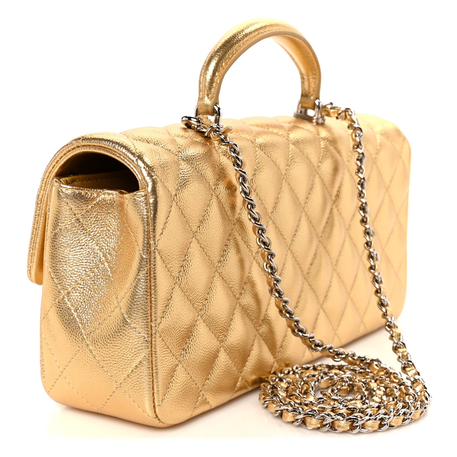 Metallic Caviar Quilted Top Handle East West Flap Gold — view 3