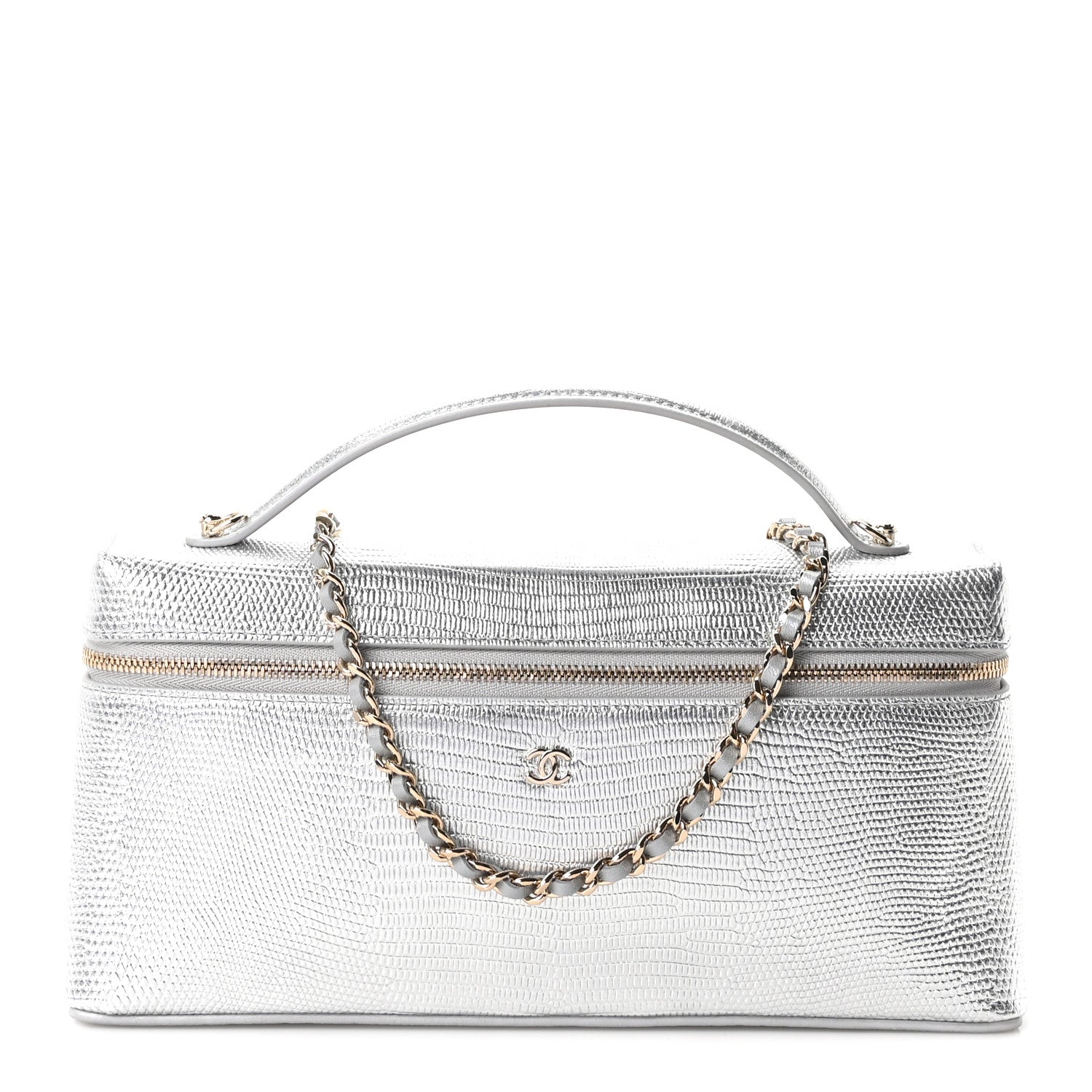 Lizard Embossed Top Handle Slim Vanity With Chain Silver