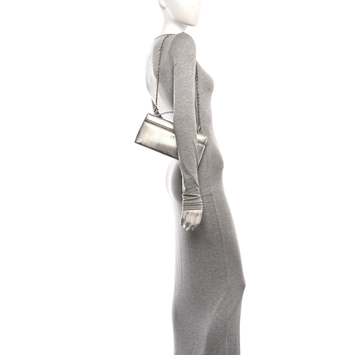 Lizard Embossed Top Handle Slim Vanity With Chain Silver — view 2