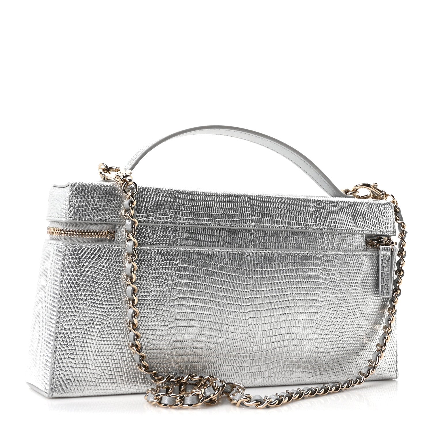 Lizard Embossed Top Handle Slim Vanity With Chain Silver — view 3