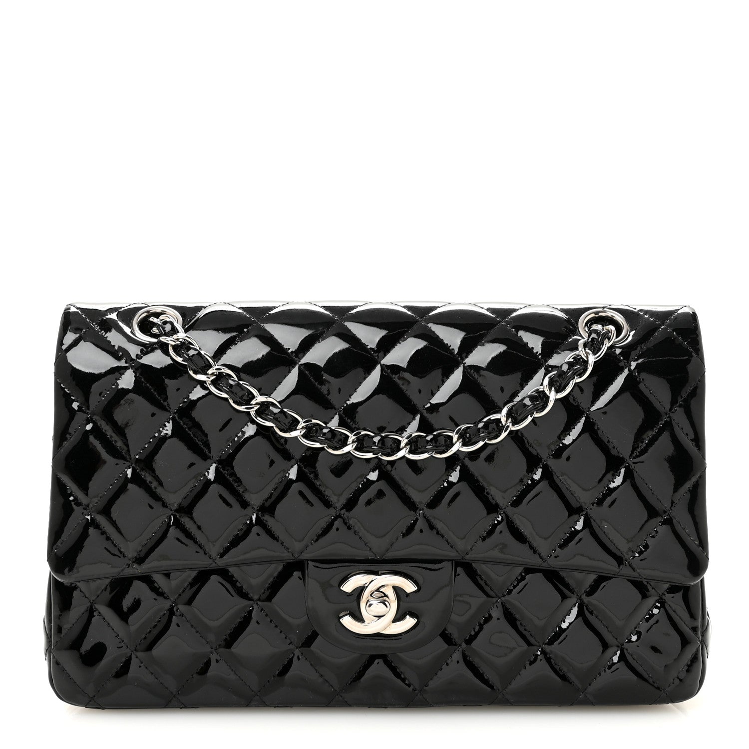 Patent Quilted Medium Double Flap Black