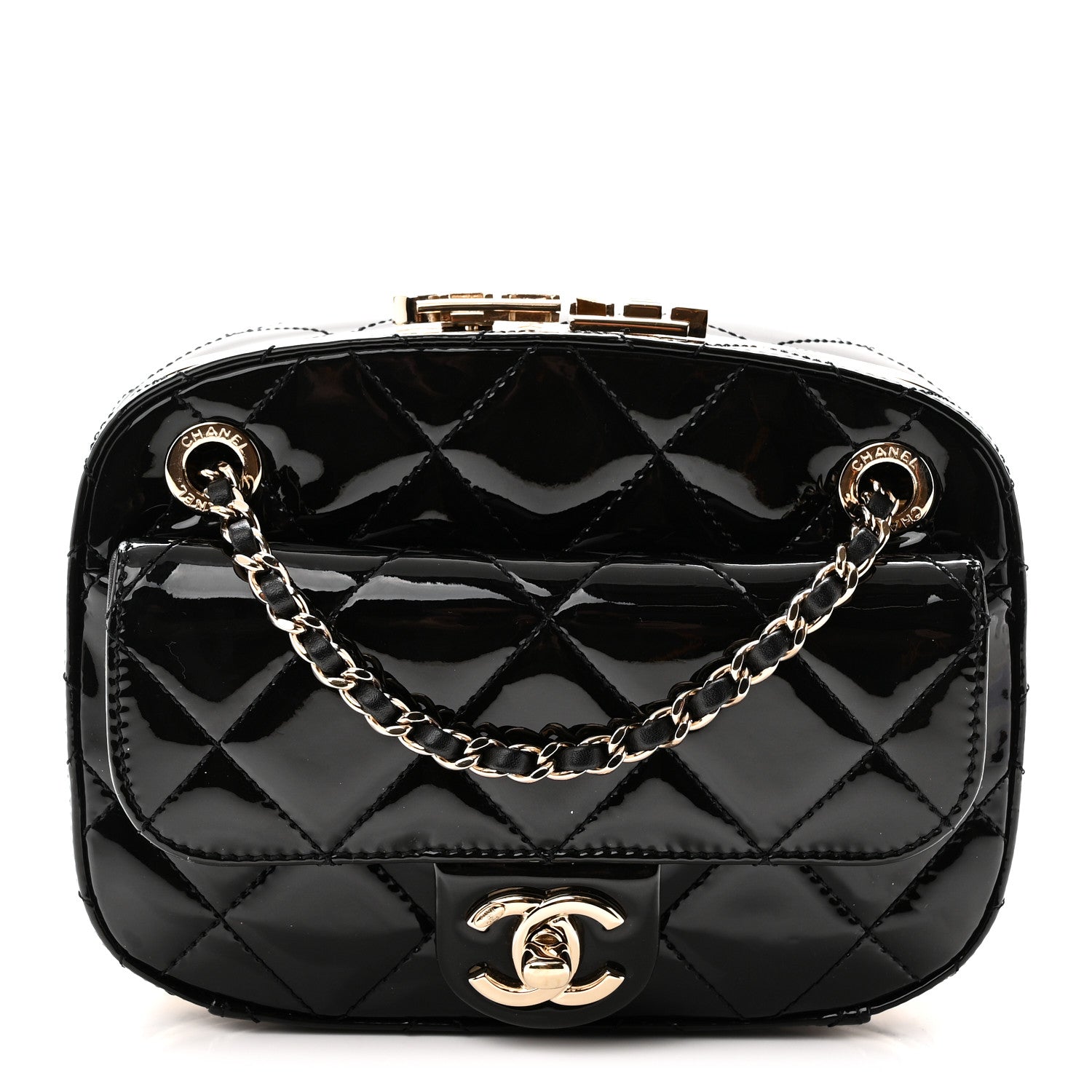 Patent Calfskin Quilted Mini Camera Case Black