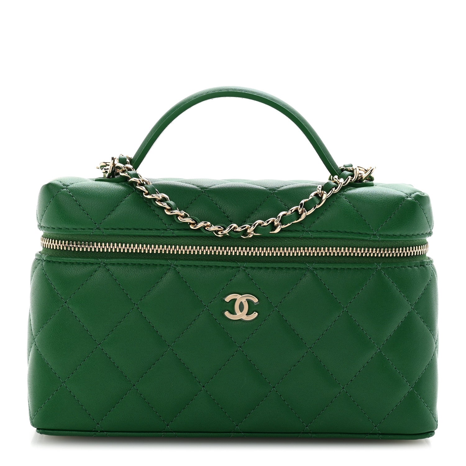 Lambskin Quilted Top Handle Slim Vanity With Chain Green
