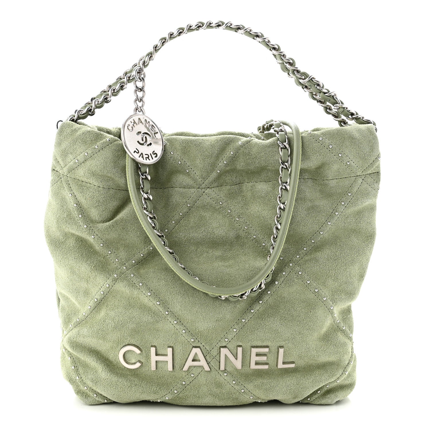 Suede Stitched Quilted Studded Mini Chanel 22 Light Green