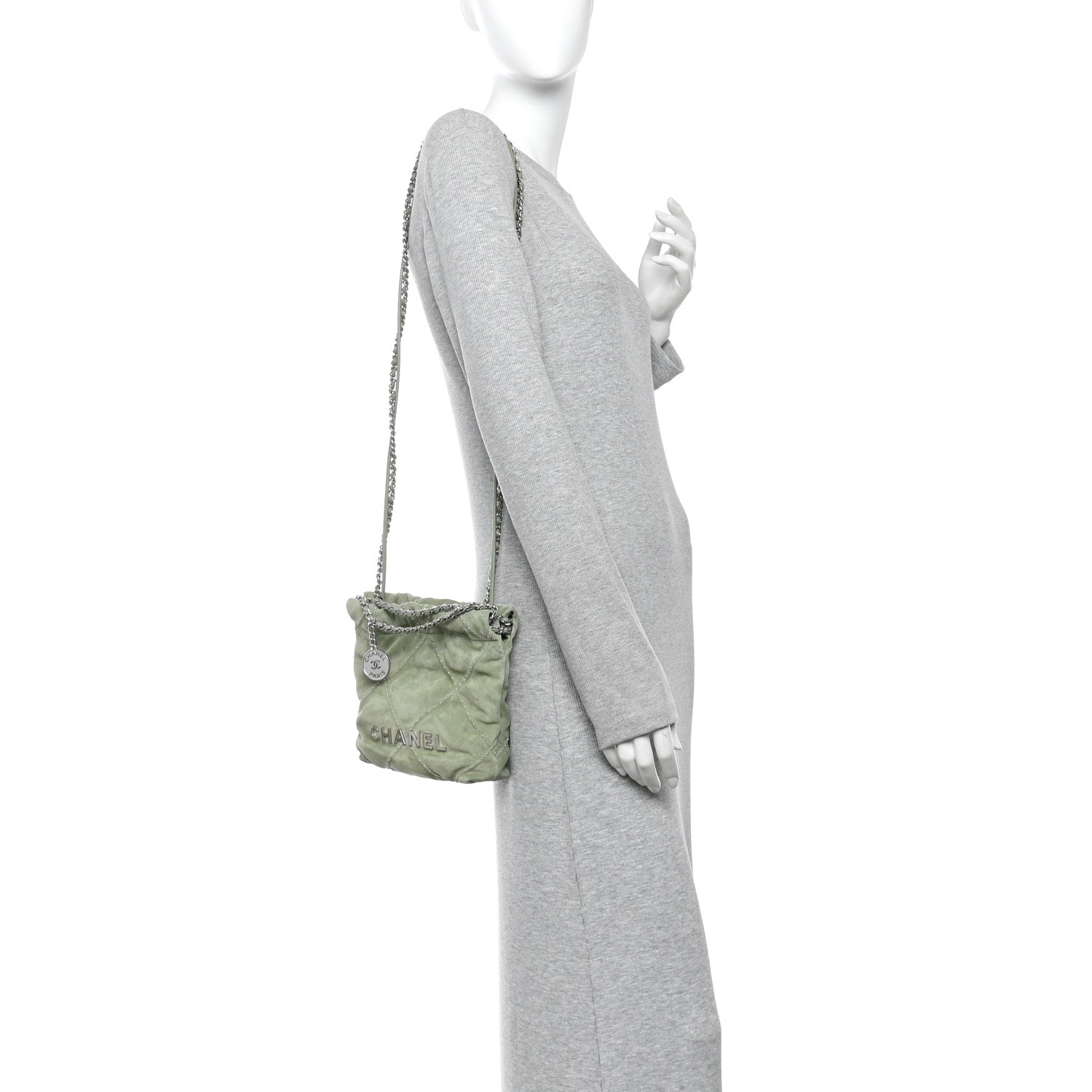 Suede Stitched Quilted Studded Mini Chanel 22 Light Green — view 2