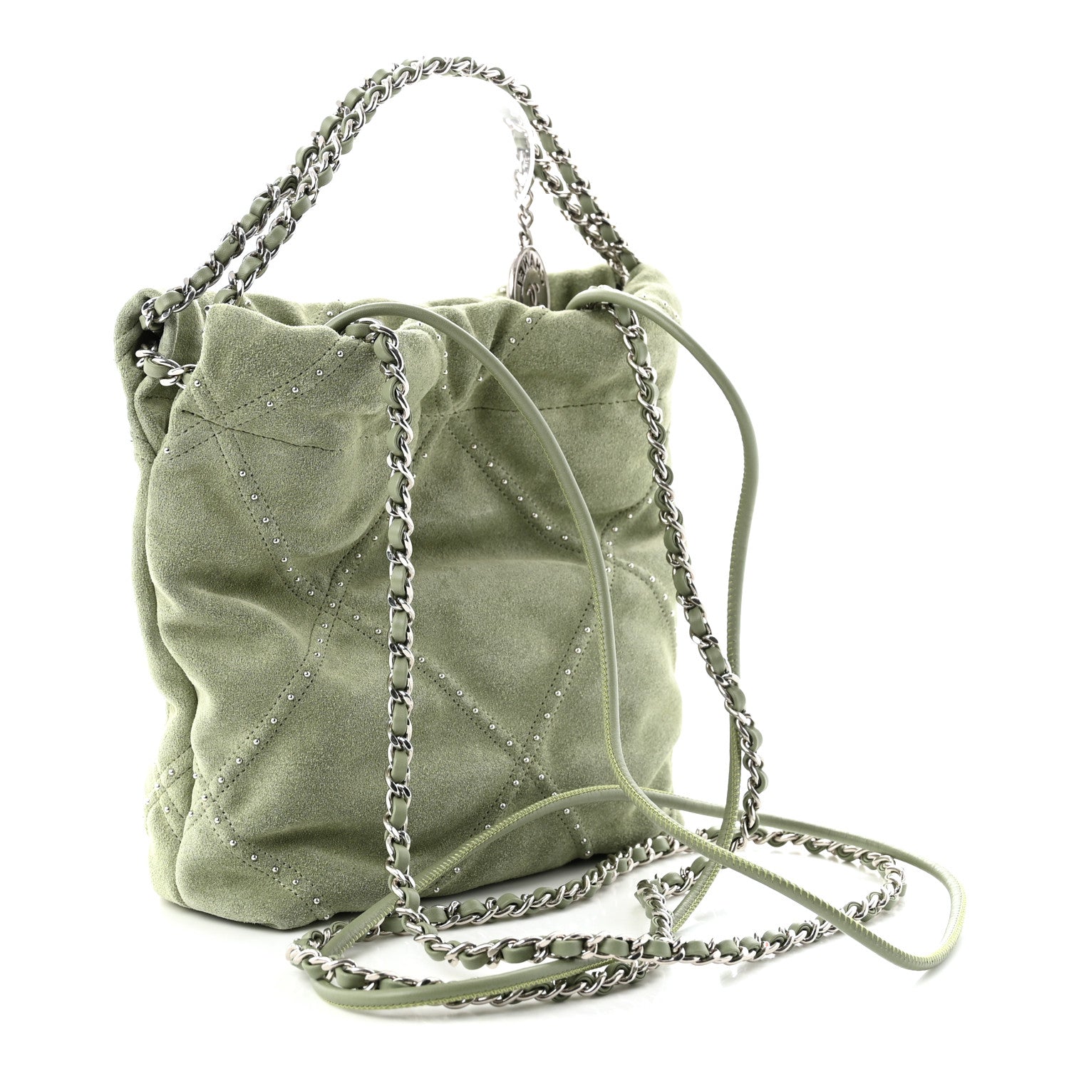 Suede Stitched Quilted Studded Mini Chanel 22 Light Green — view 3
