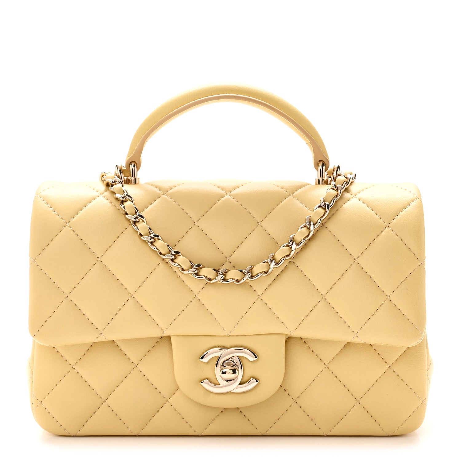 Lambskin Quilted Mini Top Handle Rectangular Flap Yellow