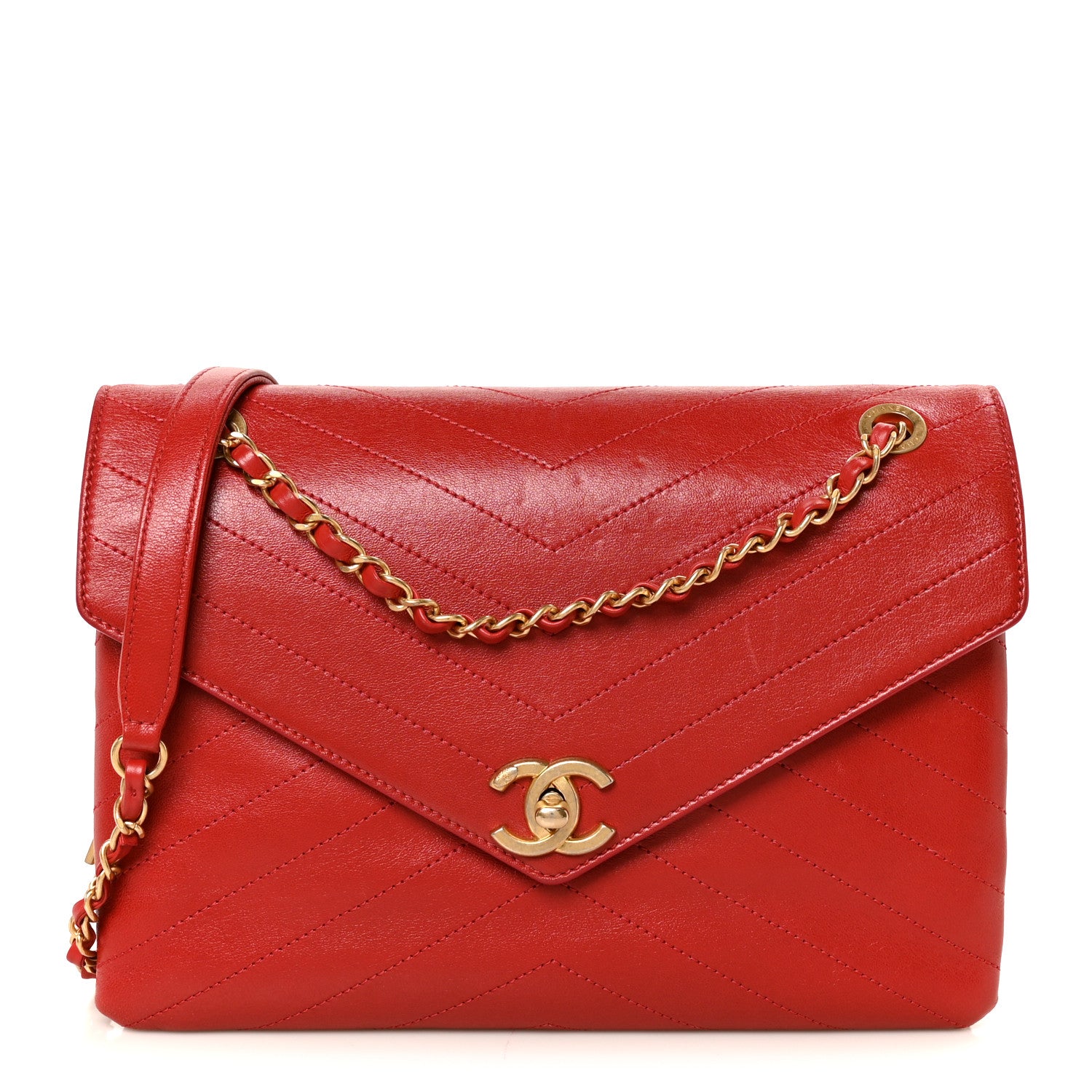 Lambskin Chevron Stitched Envelope Flap Bag Red