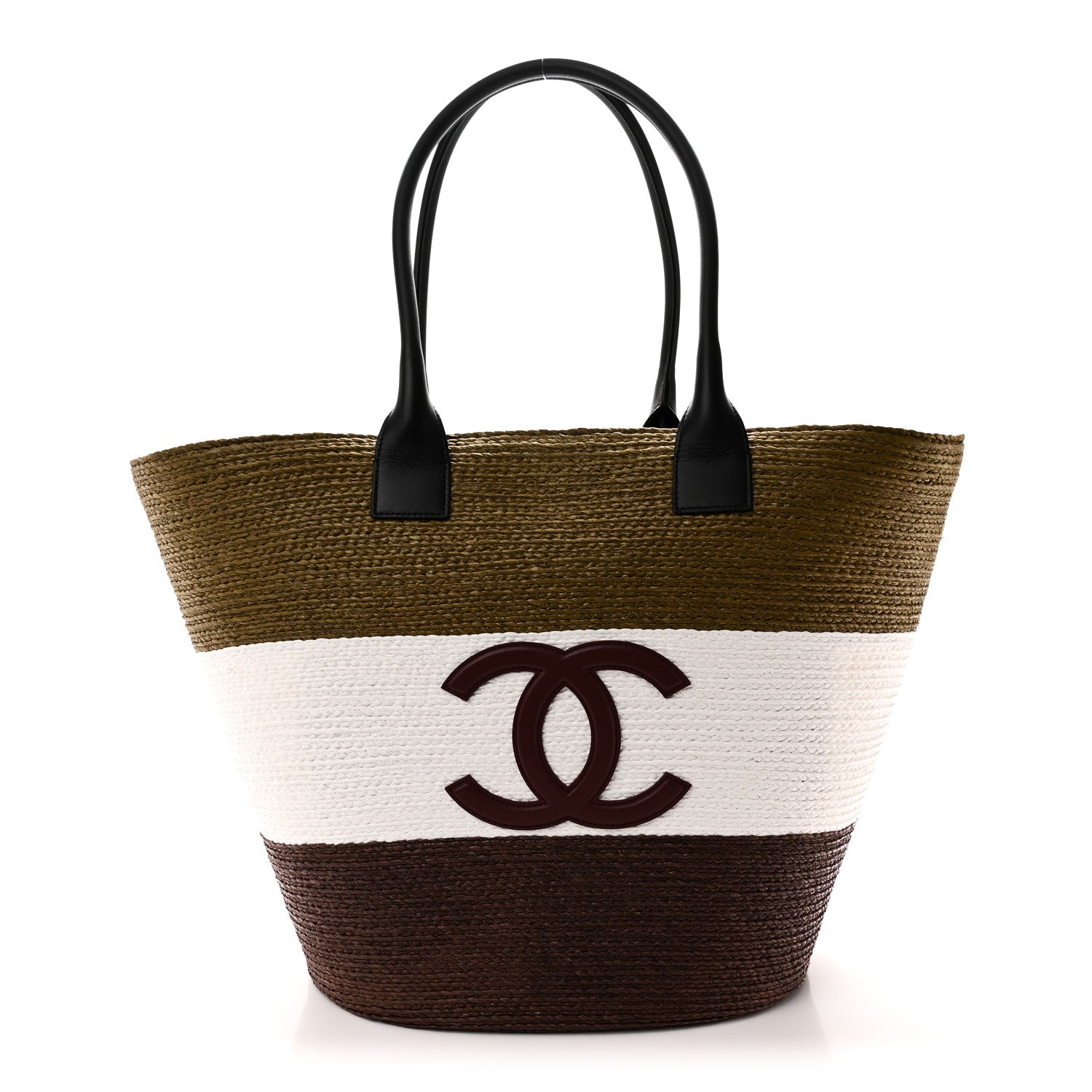 Raffia Calfskin Maxi Shopping Bag Khaki White Brown