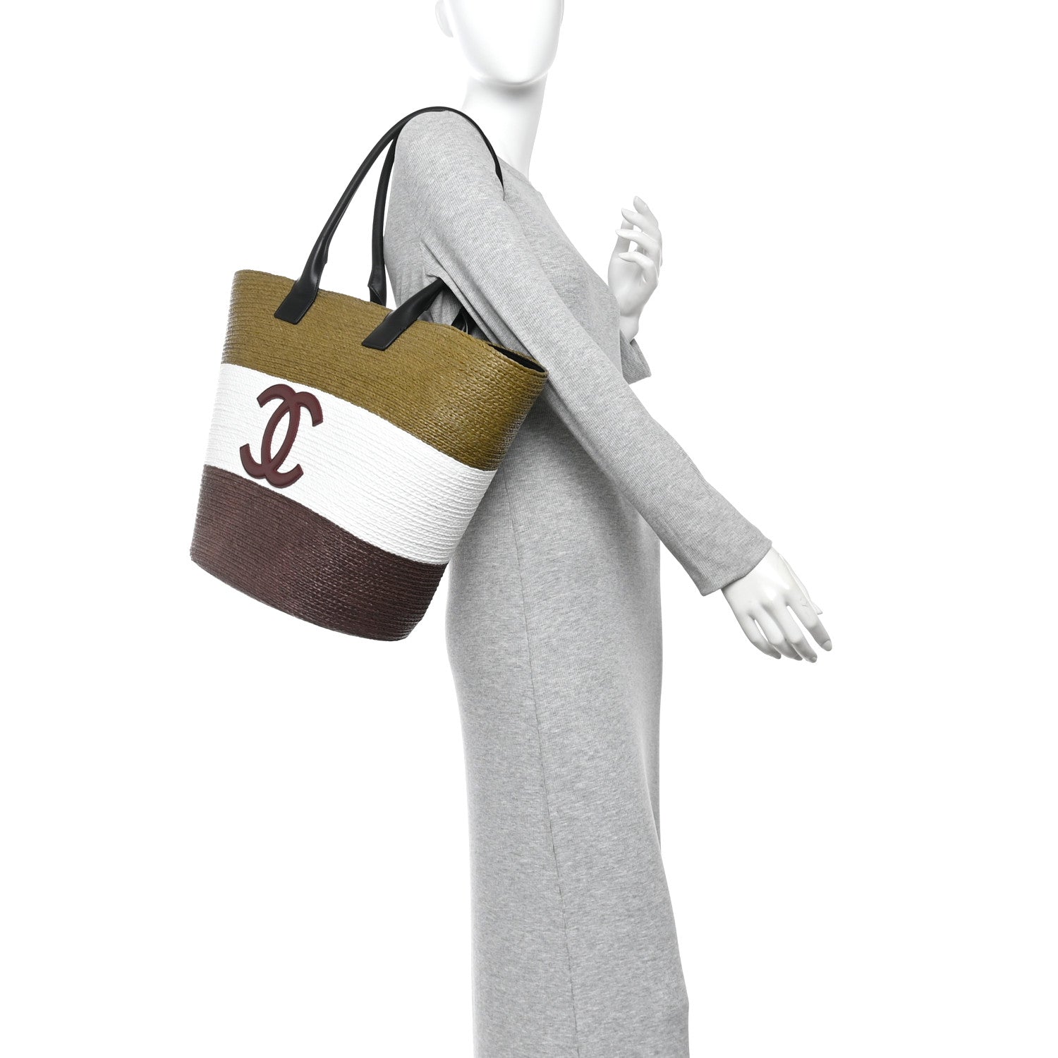 Raffia Calfskin Maxi Shopping Bag Khaki White Brown — view 2