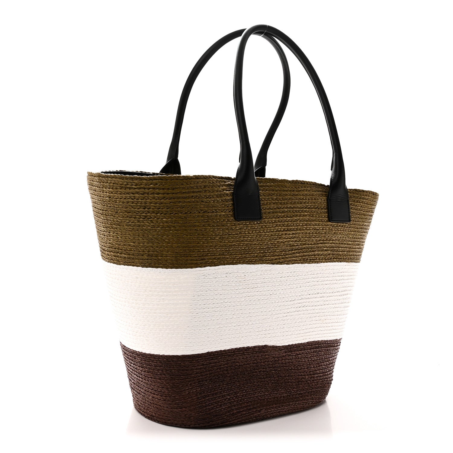 Raffia Calfskin Maxi Shopping Bag Khaki White Brown — view 3